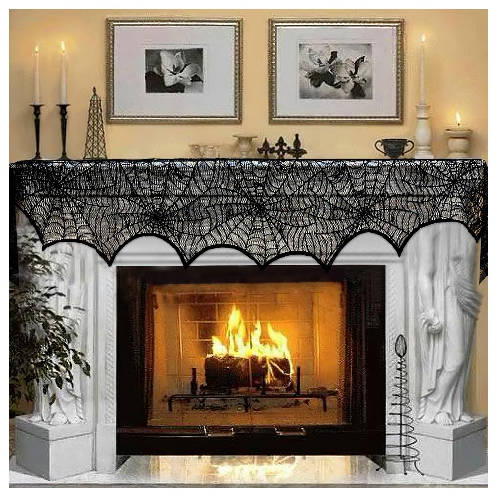 Halloween Decoration Black Lace Spiderweb Fireplace Mantle Scarf - Product Imagery