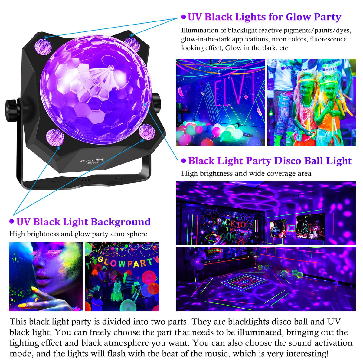 2 in 1 Glow Party Black Light Disco Ball Light with Sound - DJPTYGCK Official Imagery - 4