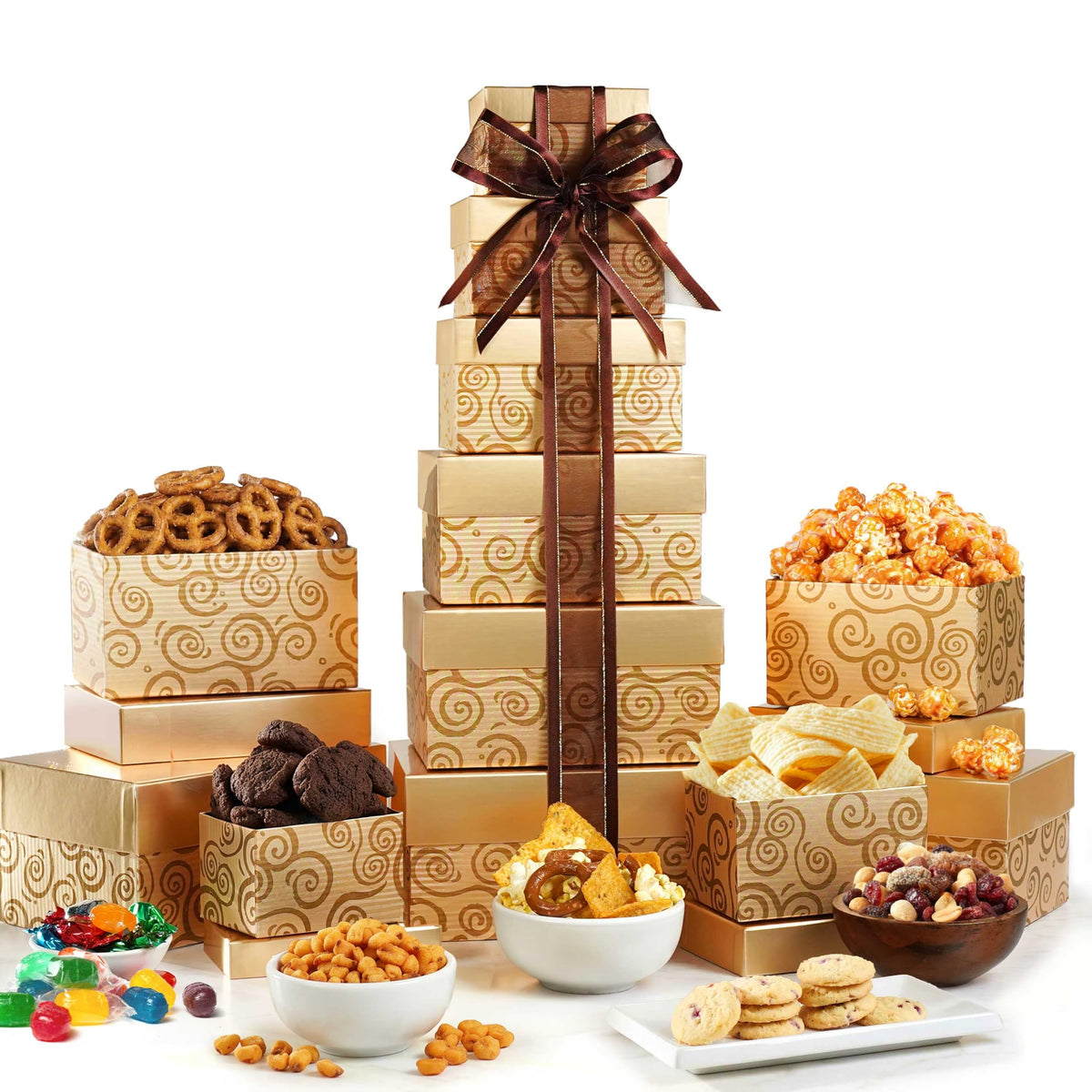 Broadway Basketeers Glittering Gold Gift Tower with Cookies - Broadway Basketeers Official Imagery - 2
