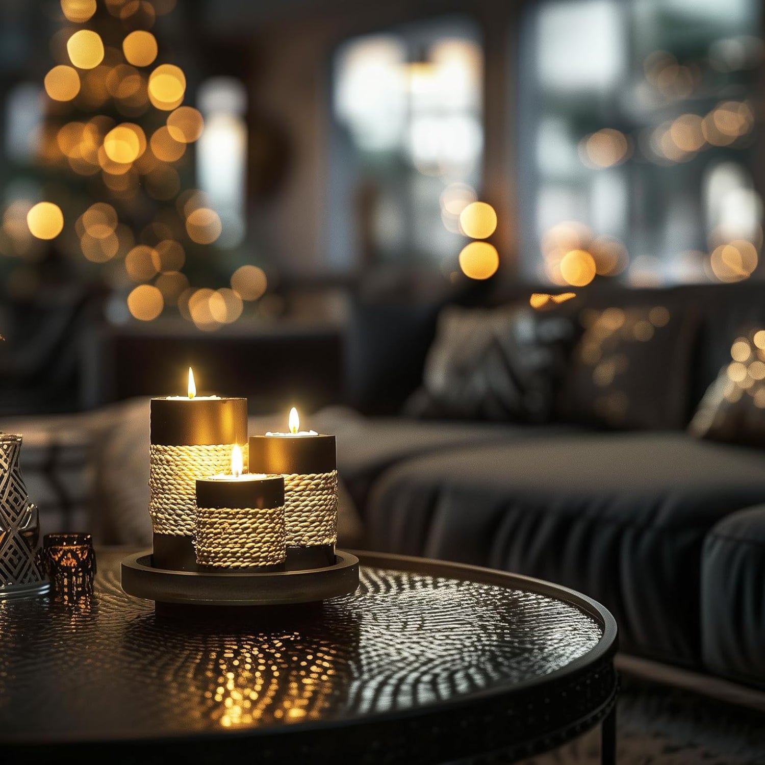 Set of 3 IYARA CRAFT tealight candle holders with rustic black wooden tray, featuring black wooden design and cozy aesthetic.