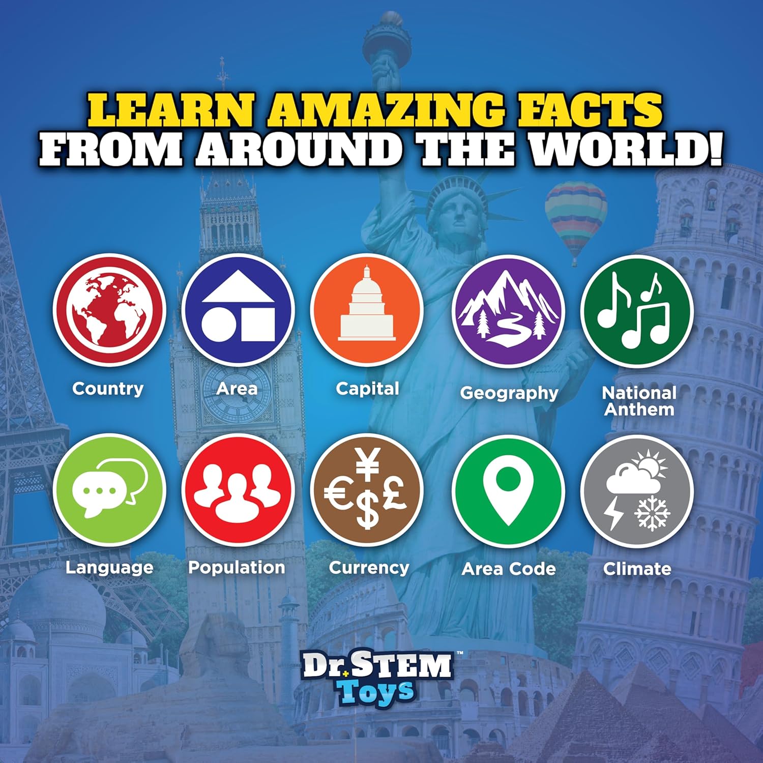 Dr. STEM Toys interactive talking globe with smart pen and game panel, showing a colorful educational globe with labeled continents and countries.