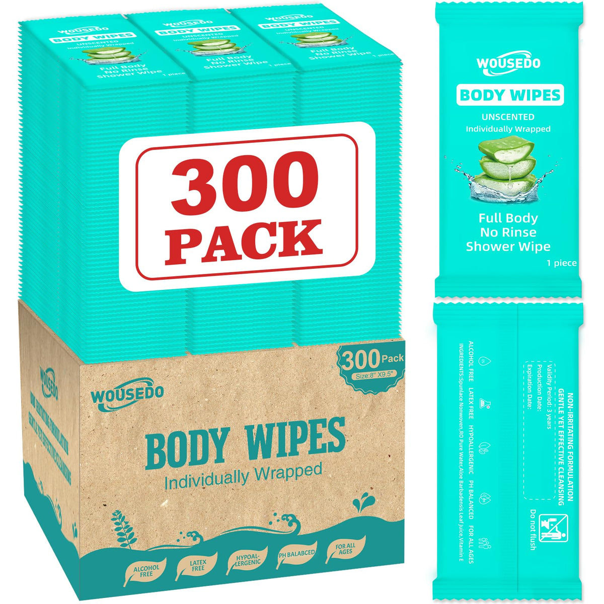 300 Pack Body Wipes Individually Wrapped Shower Wipes for - WOUSEDO Official Imagery - 2