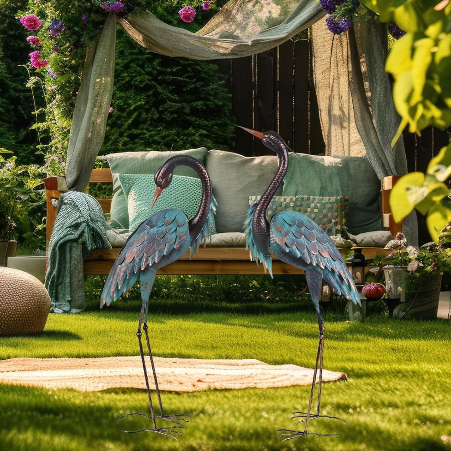 YEAHOME outdoor garden decor with two large metal heron statues, standing 40 and 37 inches tall for yard decoration