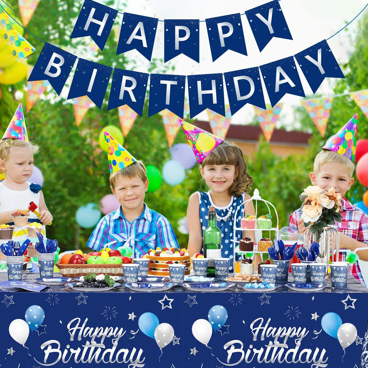 Blue and Silver Birthday Party Set Plates Napkins Cups for - Pajean Official Imagery - 3