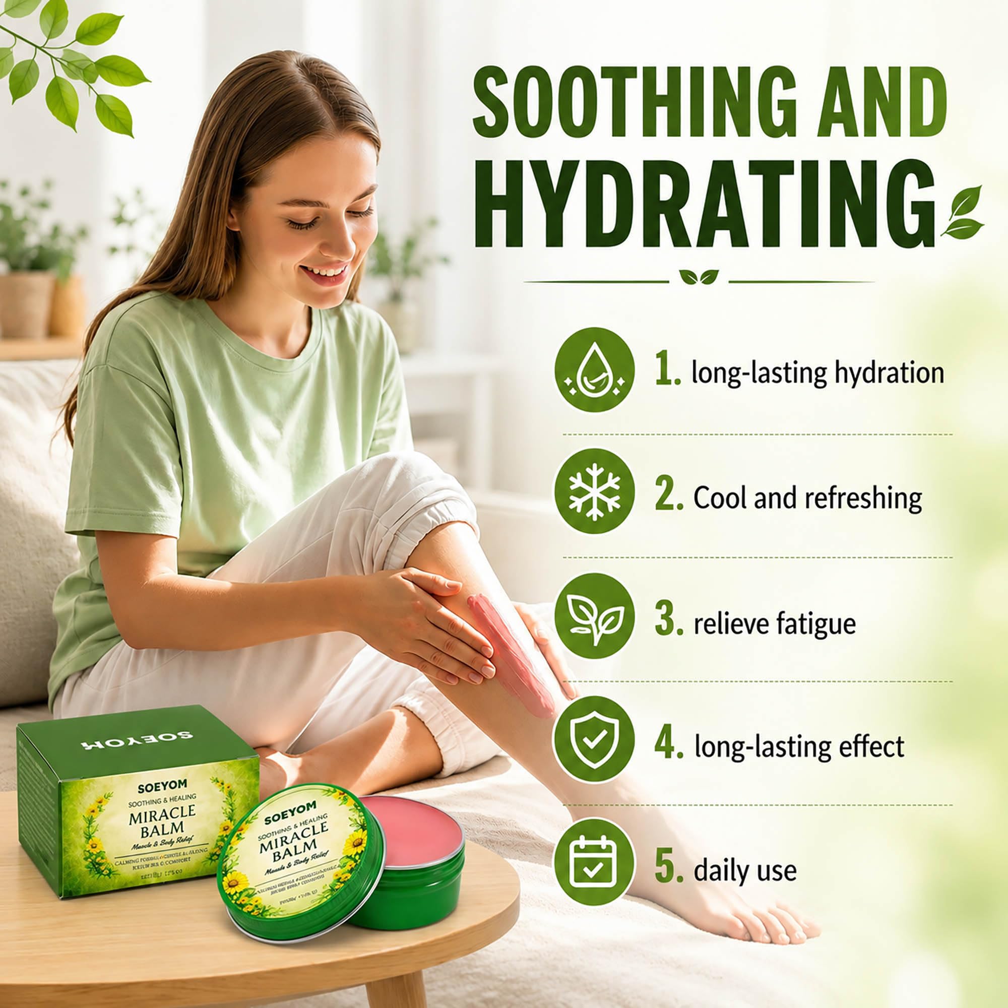 SOEYOM Miracle Balm cooling body and muscle relief moisturizer in 50g jar, designed for soothing skin and muscle tension.