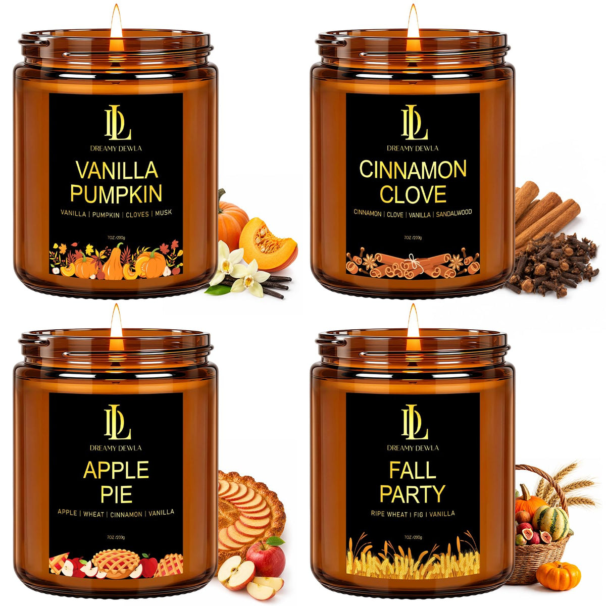 Fall Candles Set for Home Scented 4 Pack 28oz Soy Wax - DL DREAMY DEWLA Official Imagery - 1