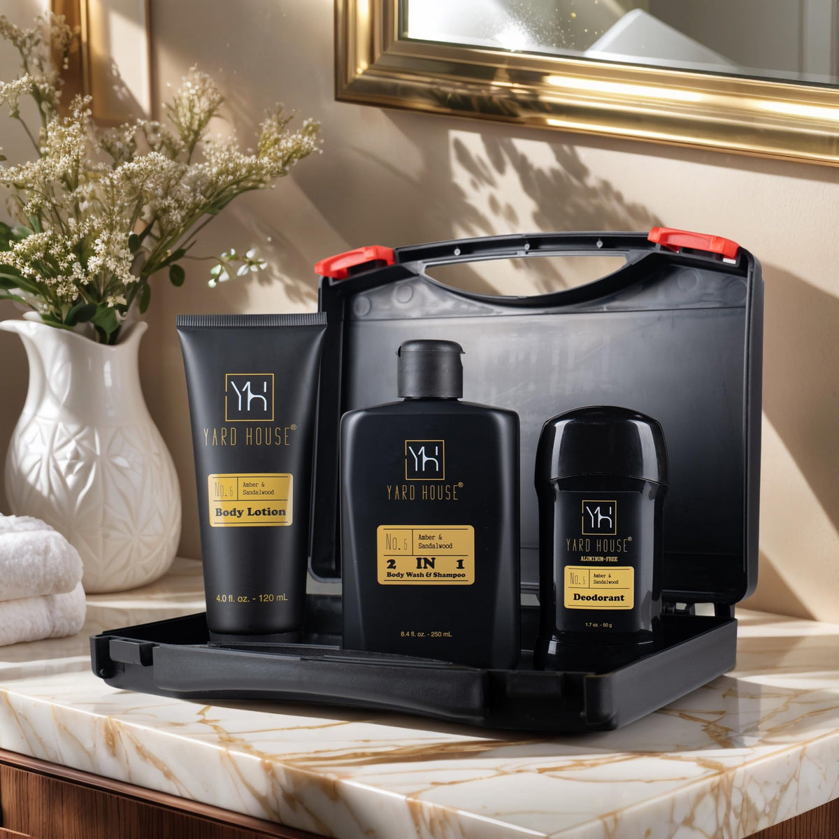 Mens Bath Body Gift Set Sandalwood Amber 4 Pcs Grooming Kit - Yard House Official Imagery - 3
