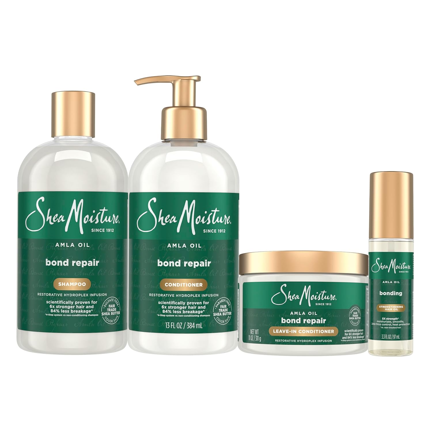 Shea Moisture Amla Oil Bond Repair System complete strengthening set with bottles of hair treatment products and packaging.