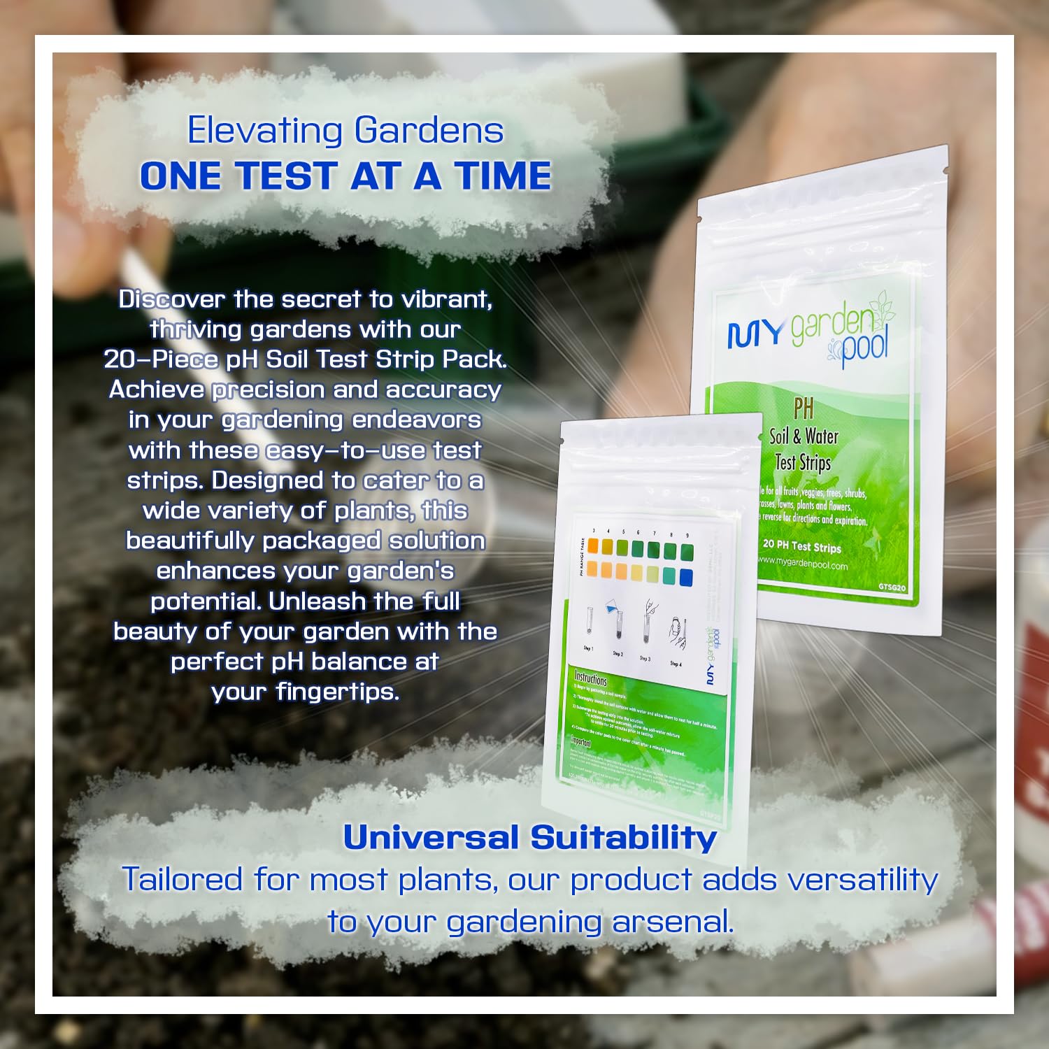 My Garden Pool Bone Meal 24 lb, garden claw gloves, soil test strips, and Smart Gardening Assistant in a garden setting.