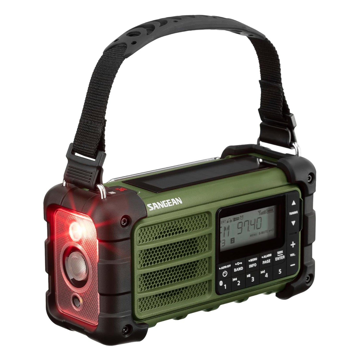 Sangean MMR-99 emergency radio with digital tuner, AM/FM-RBDS, Bluetooth, AUX, weather alerts, and multi-power options.