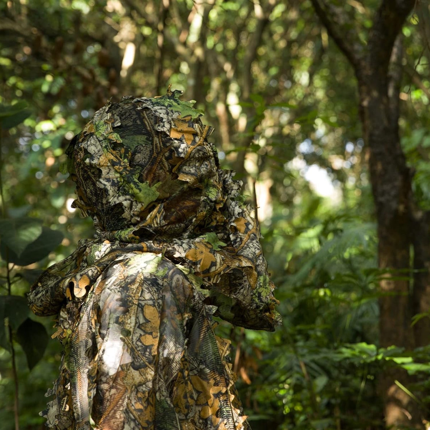 Ginsco Ghillie suit with full face mask and gloves in 3D leafy camo for men, XX-Large size, designed for outdoor concealment