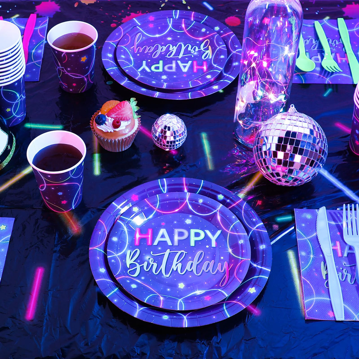 Meanplan 168 Pcs Neon Glow Birthday Party Tableware Set for - Meanplan Official Imagery - 6