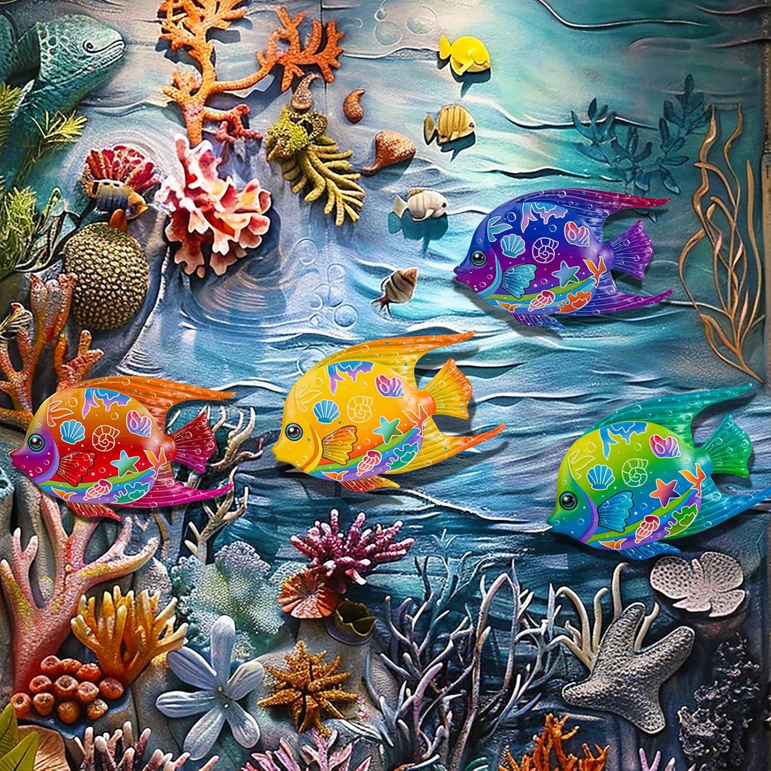 SUNREEK 9-inch metal fish wall art with four nautical fish design, perfect for coastal beach or outdoor ocean pool decor.