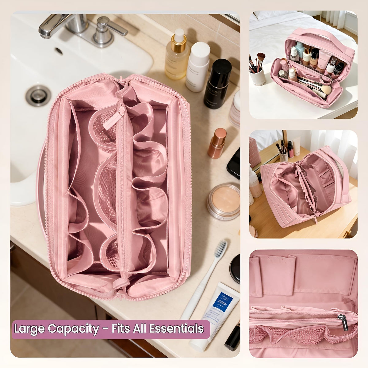 Lay Flat Fold Down Standing Makeup Bag Large Travel Toiletry - Premium Selection Official Imagery - 6