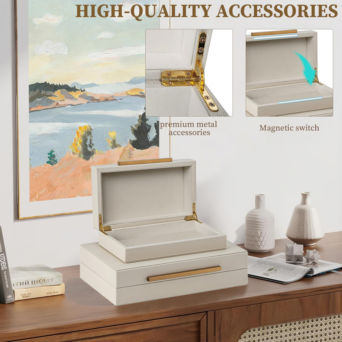 Set of 2 Shagreen Decorative Box Modern Faux Leather Beige - OIHYA Official Imagery - 7