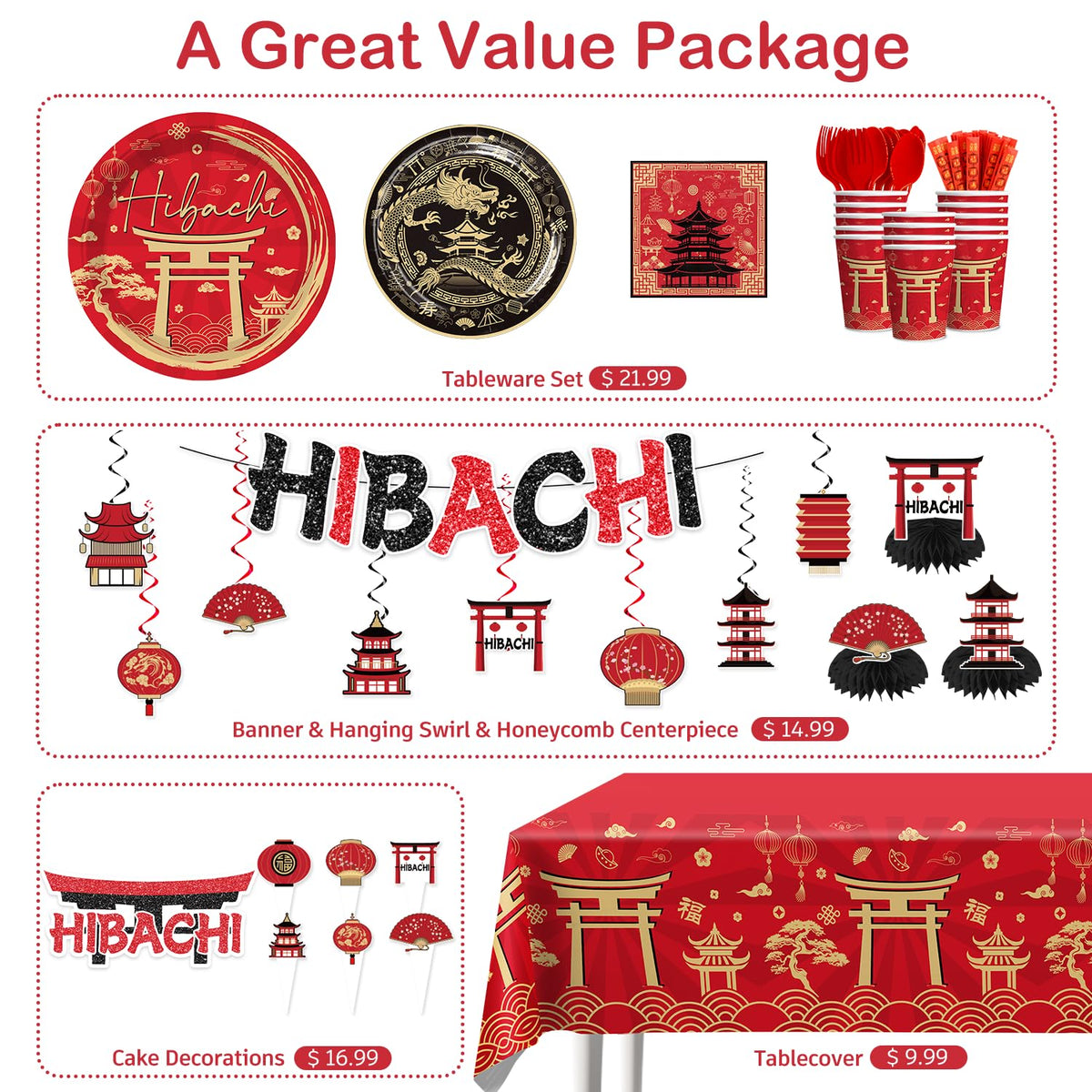 Red Gold Hibachi Party Decorations Tableware Set for 25 - wellspar Official Imagery - 5