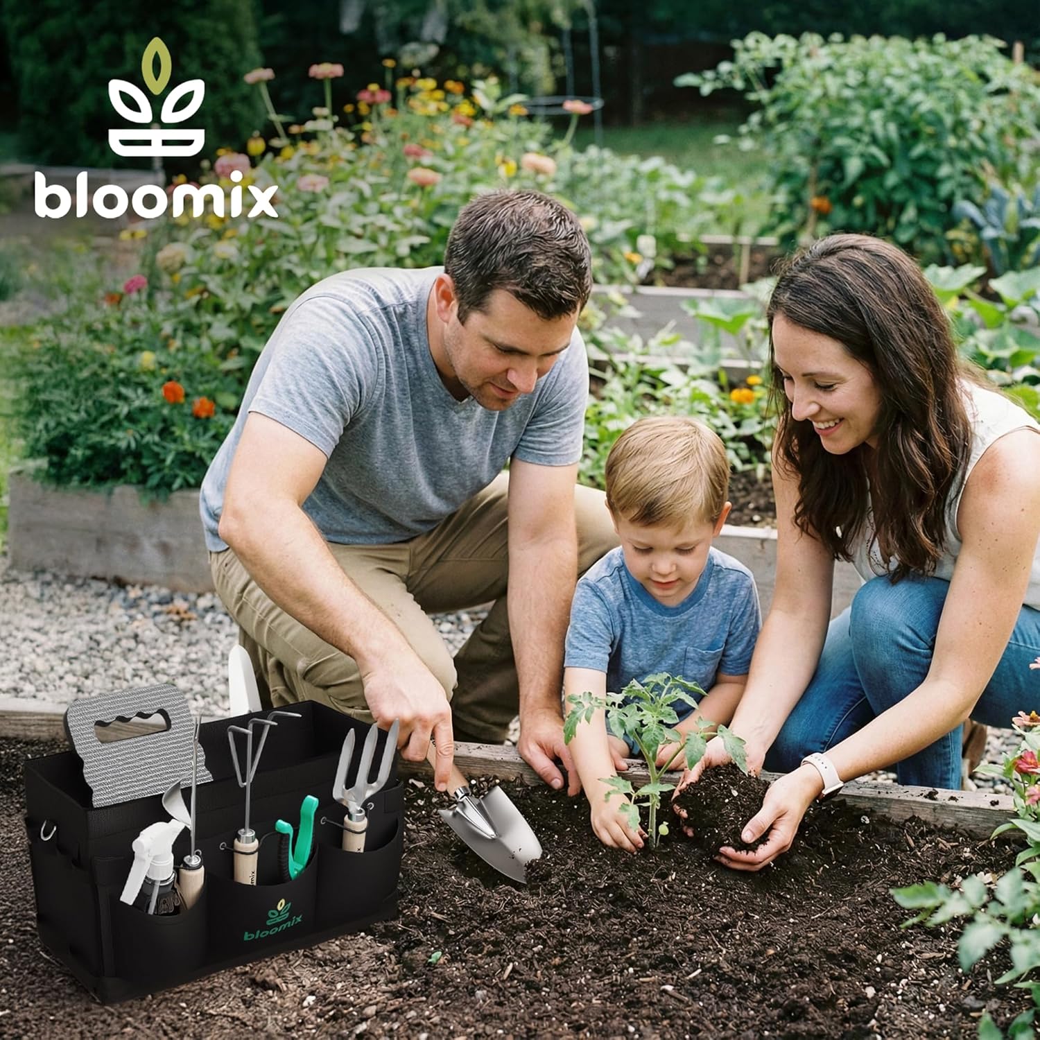 Bloomix 12-piece gardening tools set with heavy-duty tools and a tool bag, including trowels, pruning shears, and cultivators.