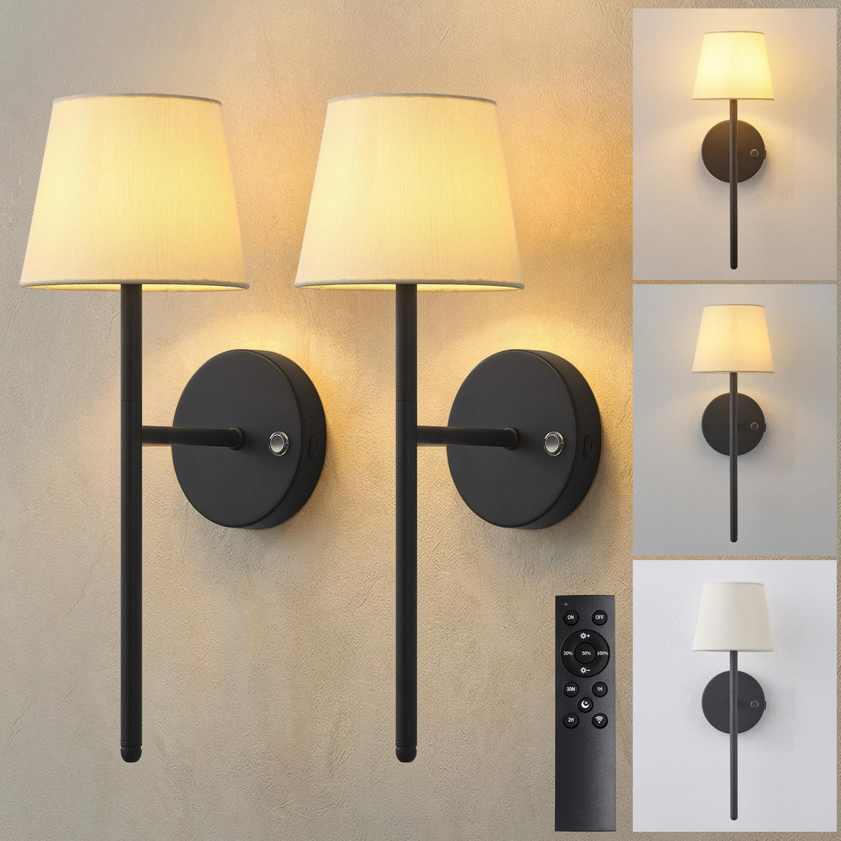Battery Operated Wall Sconce Set of 2 Black Rechargeable - NEWSEE Official Imagery - 1