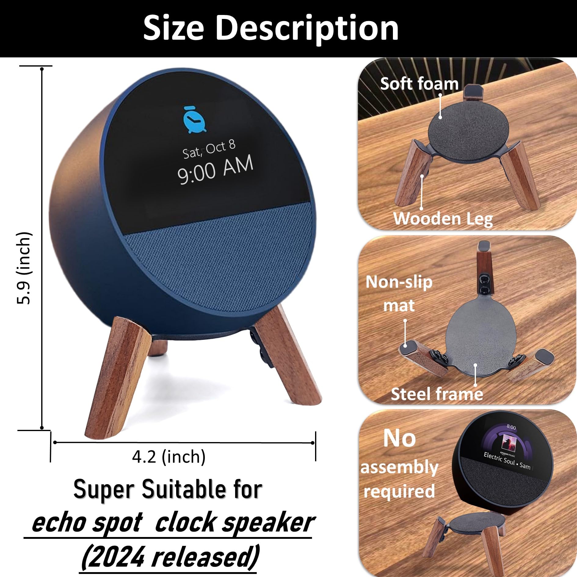 Counlisha Real Wood Stand for Echo spot   smart Alarm Clock,Walnu by Counlisha - Angle View 4