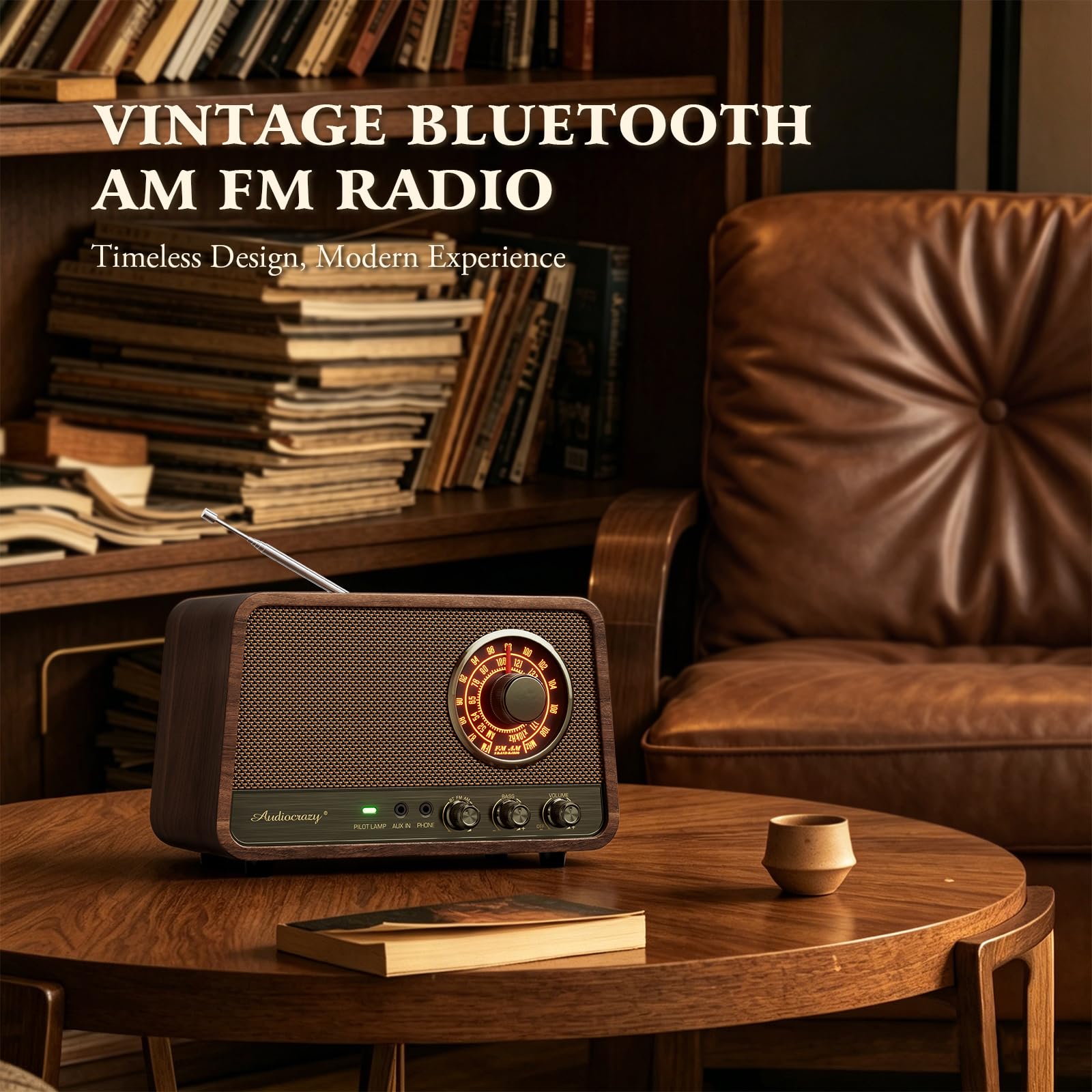 Audiocrazy Vintage Wood AM FM Bluetooth Radio, 10W Espresso