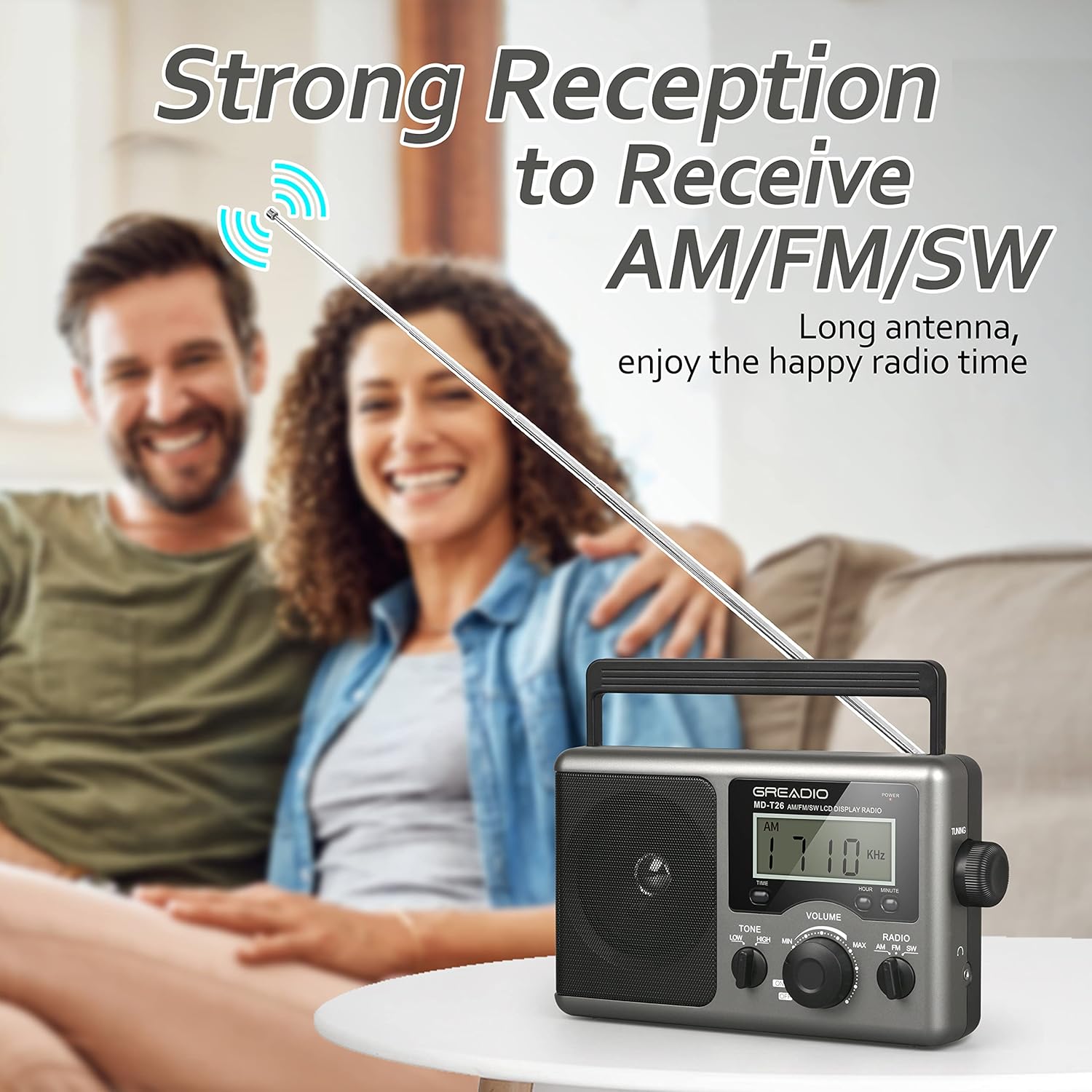Greadio portable shortwave radio with LCD display, AM/FM tuner, and compact design for excellent reception and listening.