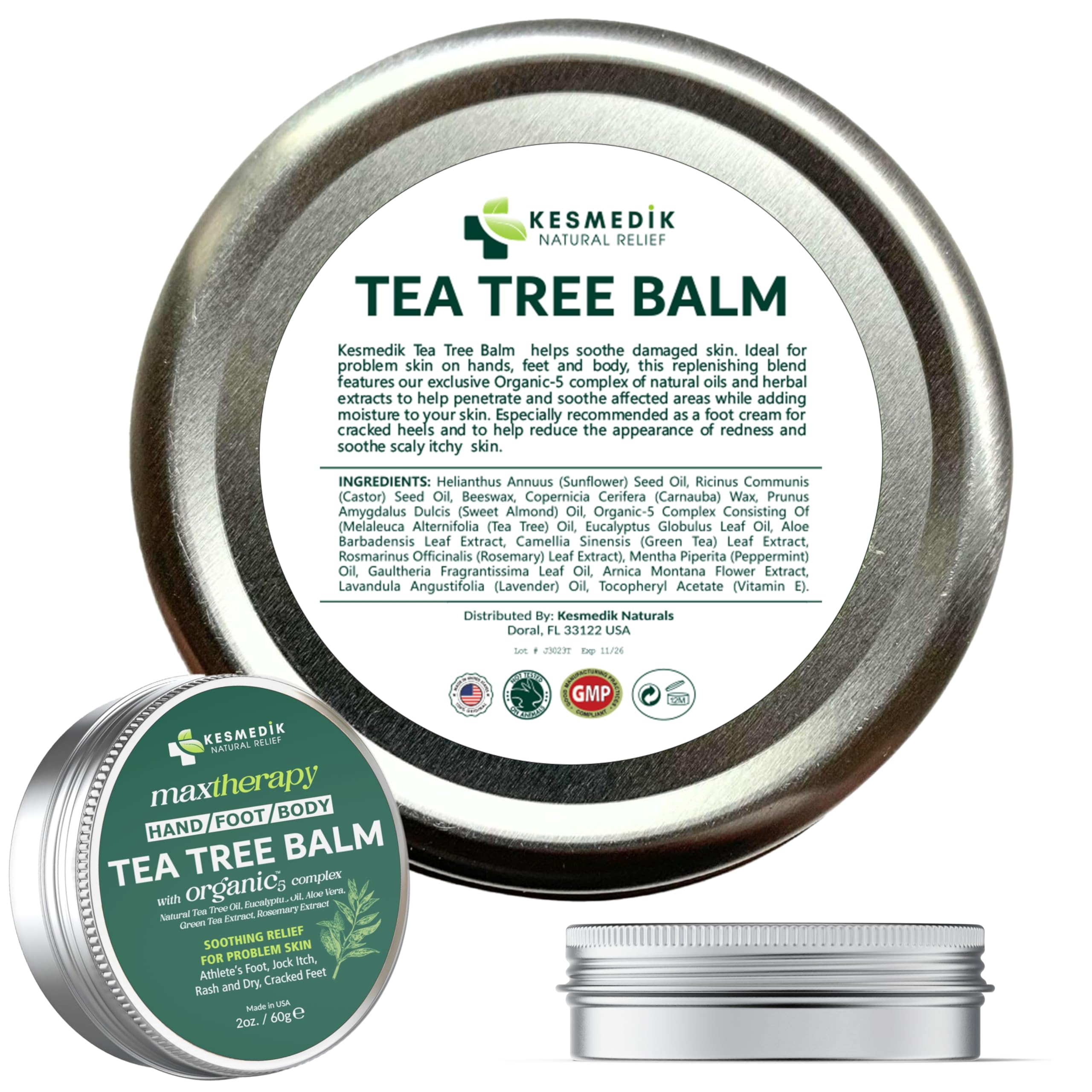 KESMEDIK Tea Tree Oil Balm for skin relief, showing a tube of antifungal moisturizer with natural tea tree oil ingredients.