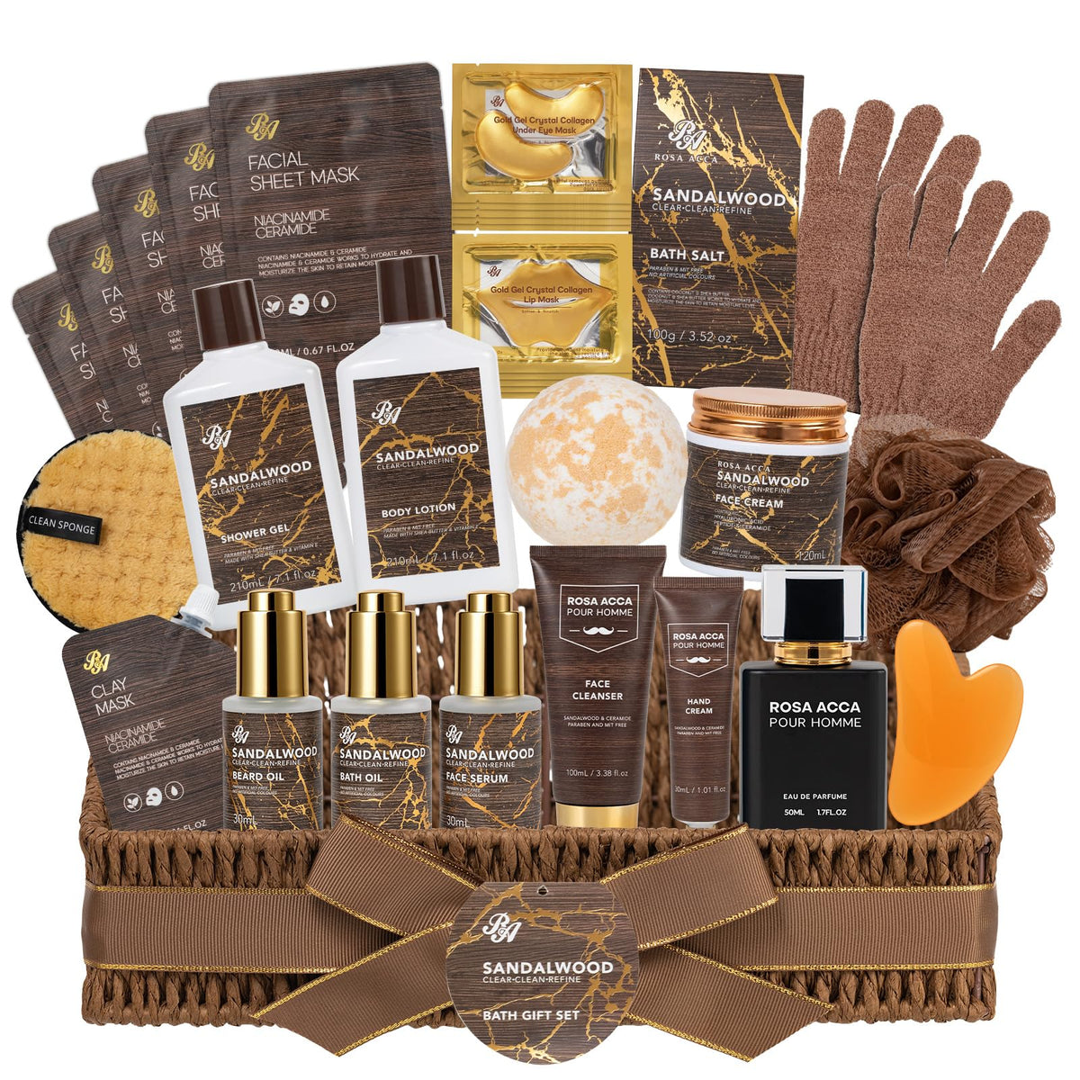 Sandalwood 32 Pcs Bath Body Gifts Basket for Men Beard - RA ROSA ACCA Official Imagery - 2