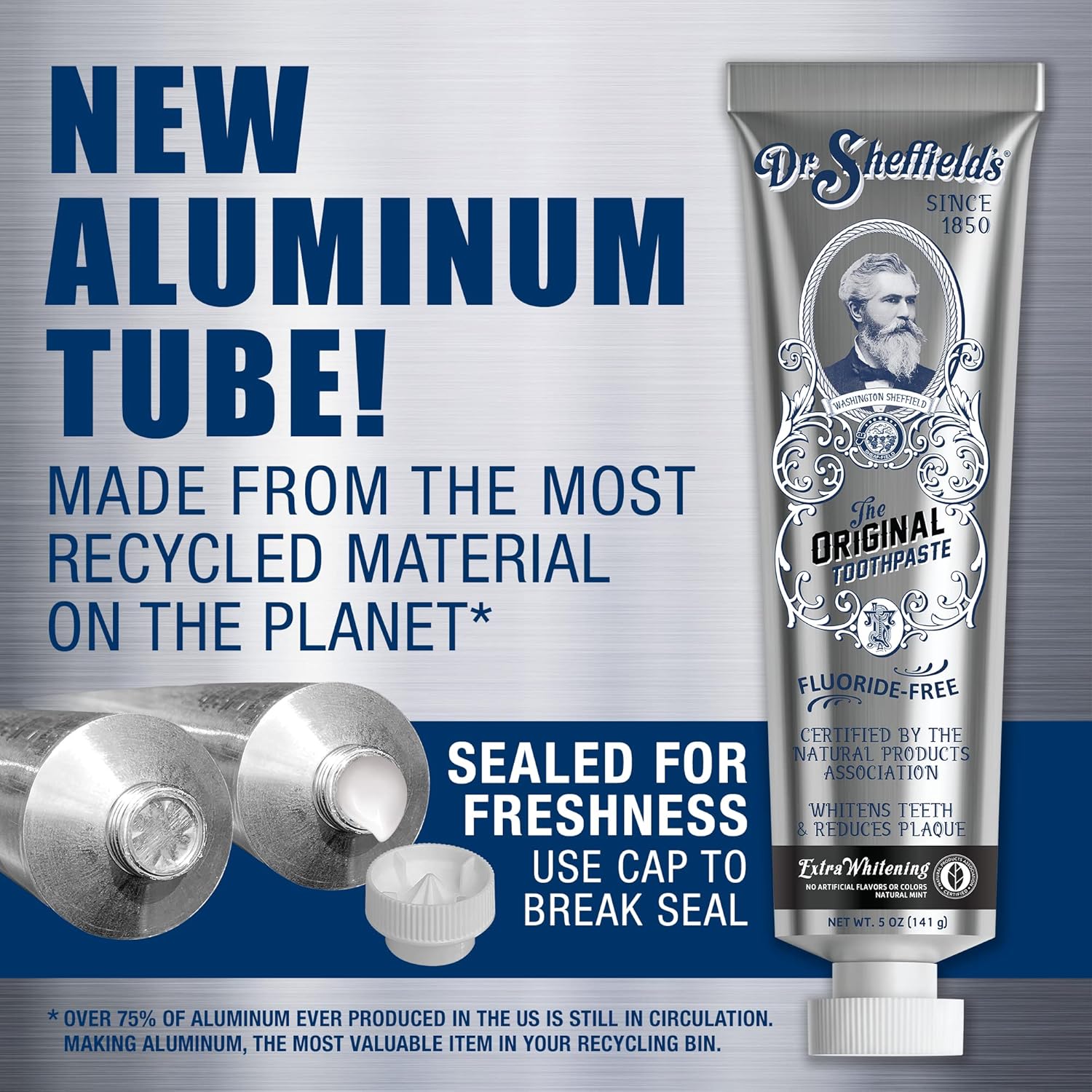 Dr. Sheffield's Certified Natural Extra-Whitening Toothpaste tube with mint flavor, showing the label and packaging details