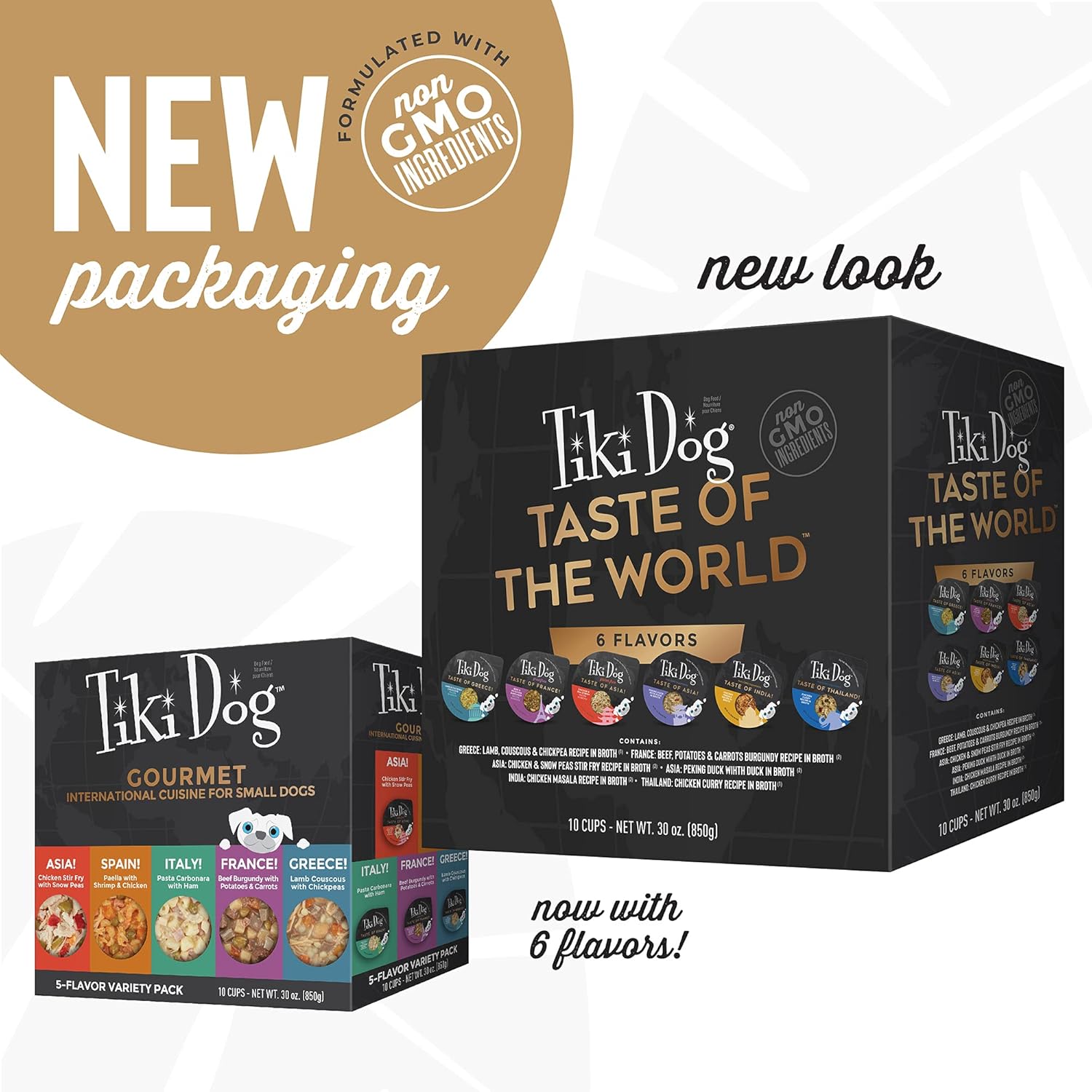 TIKI PETS Tiki Dog Taste of The World gourmet international variety pack with colorful cans of whole food for dogs.