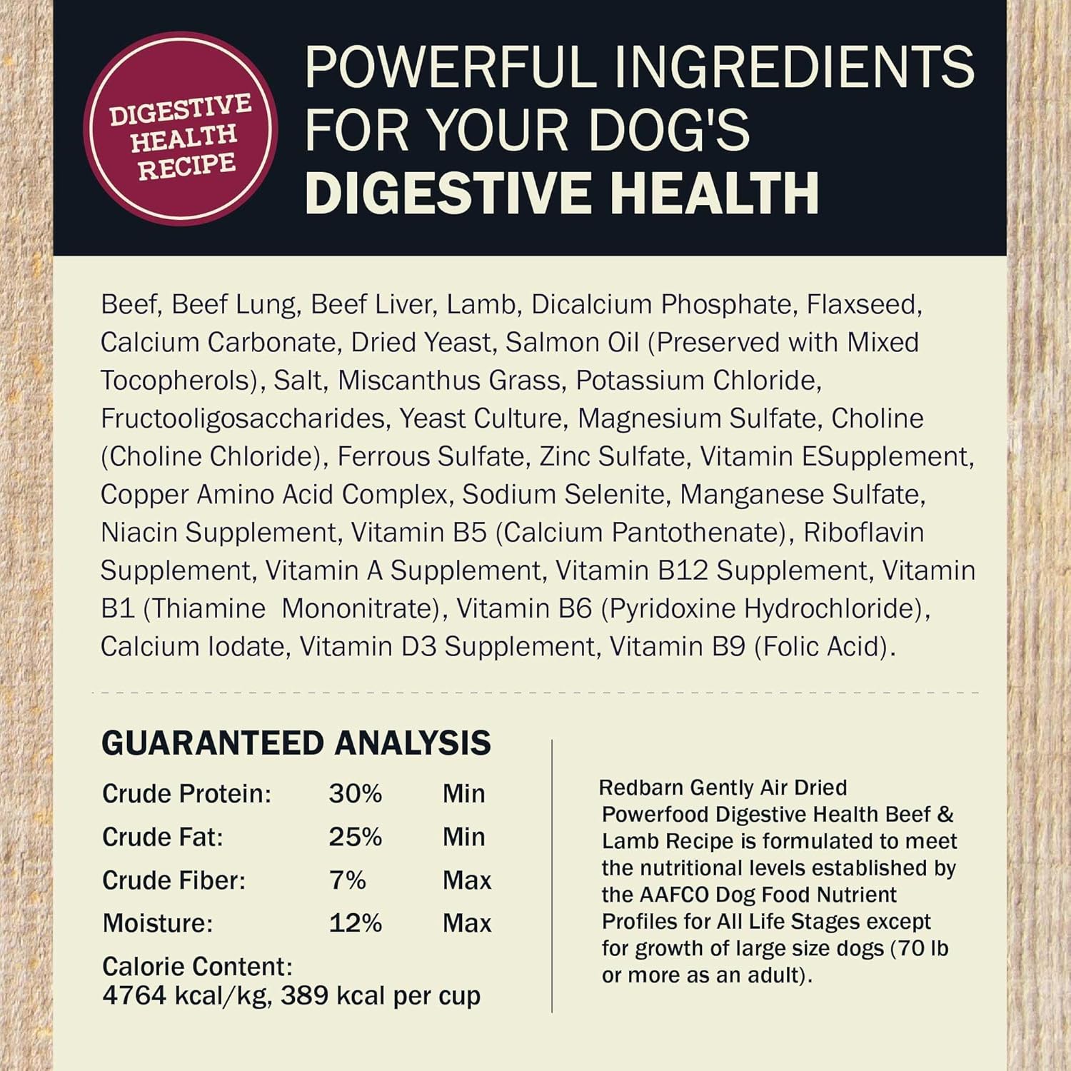 Redbarn Powerfood air-dried dog food with 93% beef, designed to support digestive gut health, featuring natural beef slices.