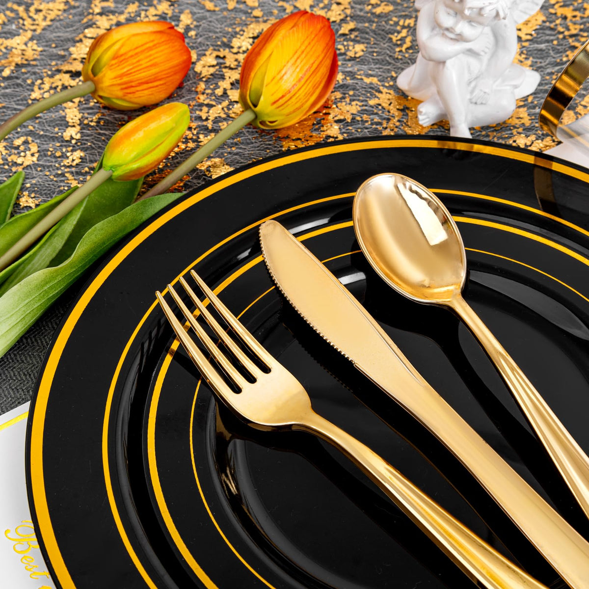 bUCLA 150 Pieces Black and Gold Disposable Dinnerware Set - bUCLA Official Imagery - 6