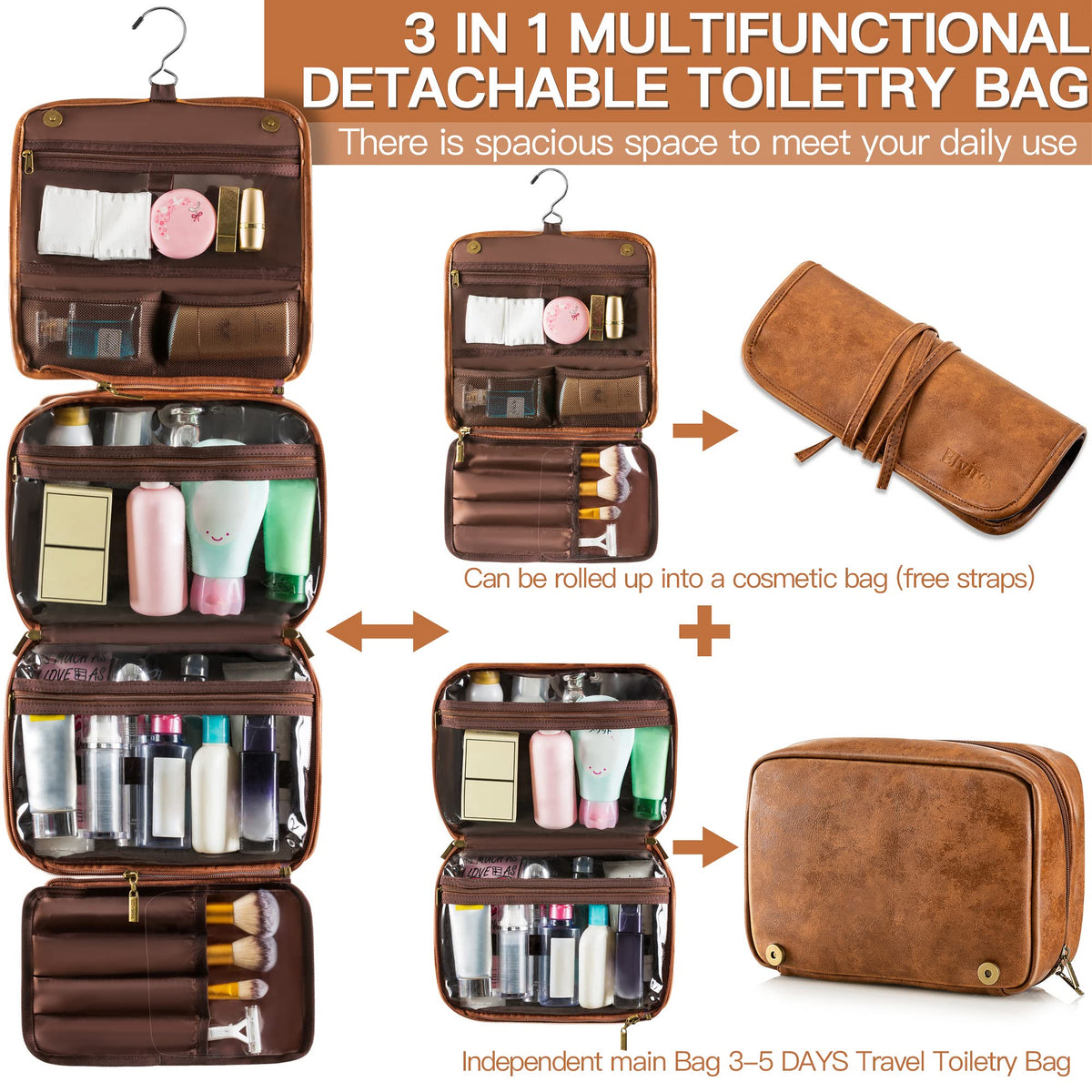 Elviros Hanging Toiletry Bag for Men PU Leather Shaving Dopp - Elviros Official Imagery - 5