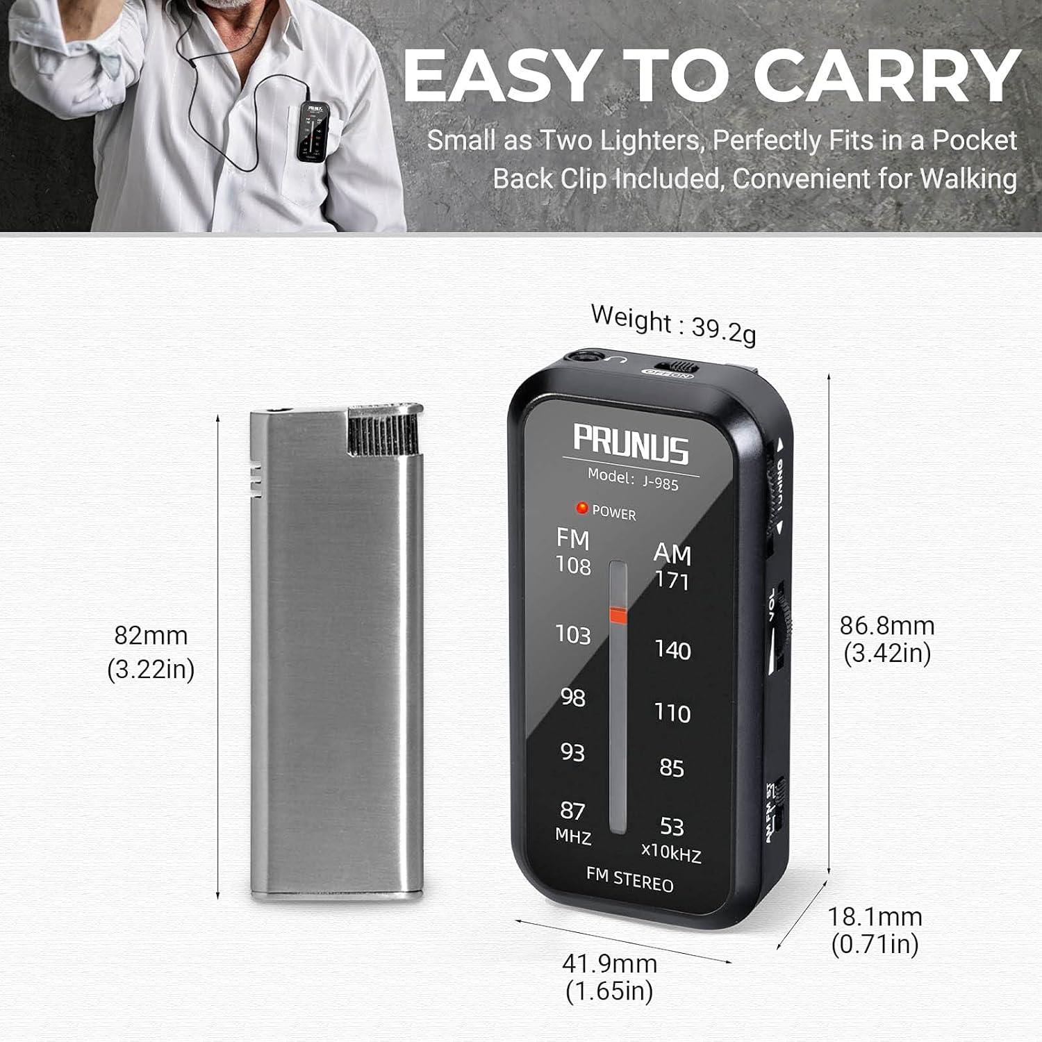 Portable PRUNUS Pocket Radio with AM/FM stereo, compact design, battery operated for on-the-go listening.