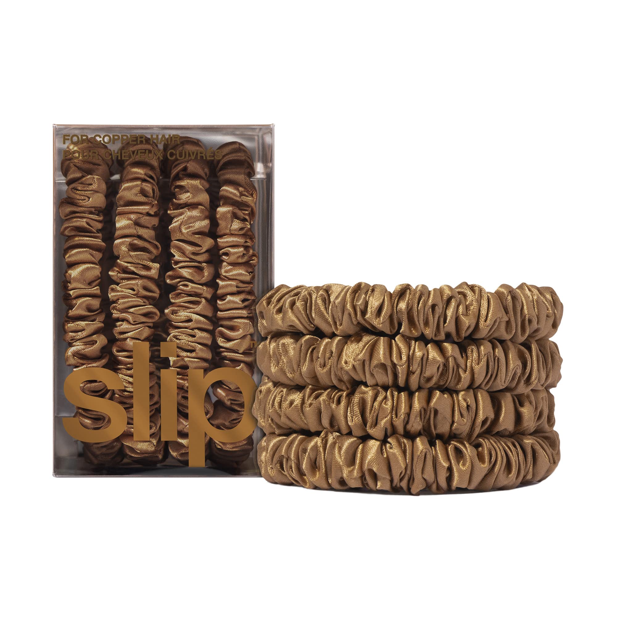 Slip Silk Hair Ties, Copper Skinny Scrunchies, Set of 4 | - Product Imagery