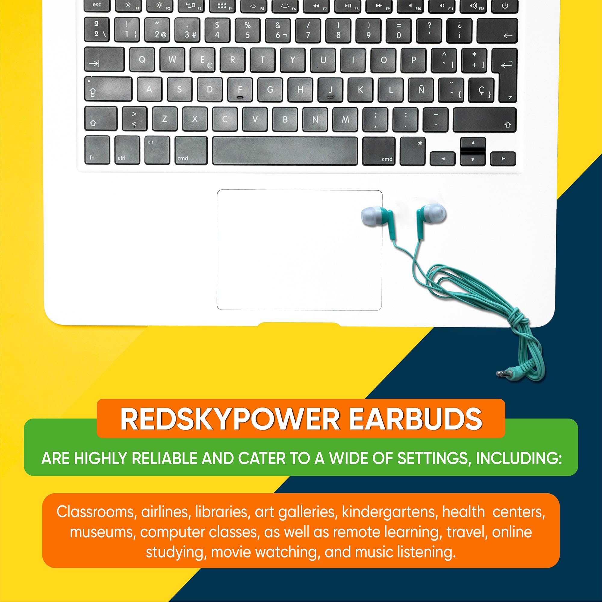 Redskypower 10 pack wired in-ear headphones with 3.5mm jack, 4ft tangle-free cable, comfortable fit for school and group testing.
