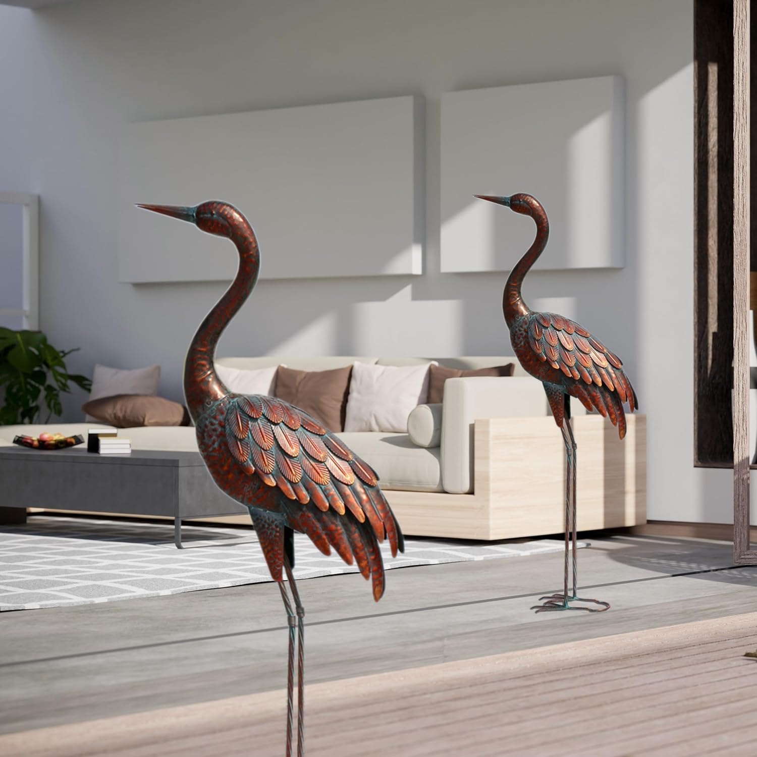 Two chisheen metal garden crane statues for outdoor yard decor, featuring detailed bird sculptures for garden art.