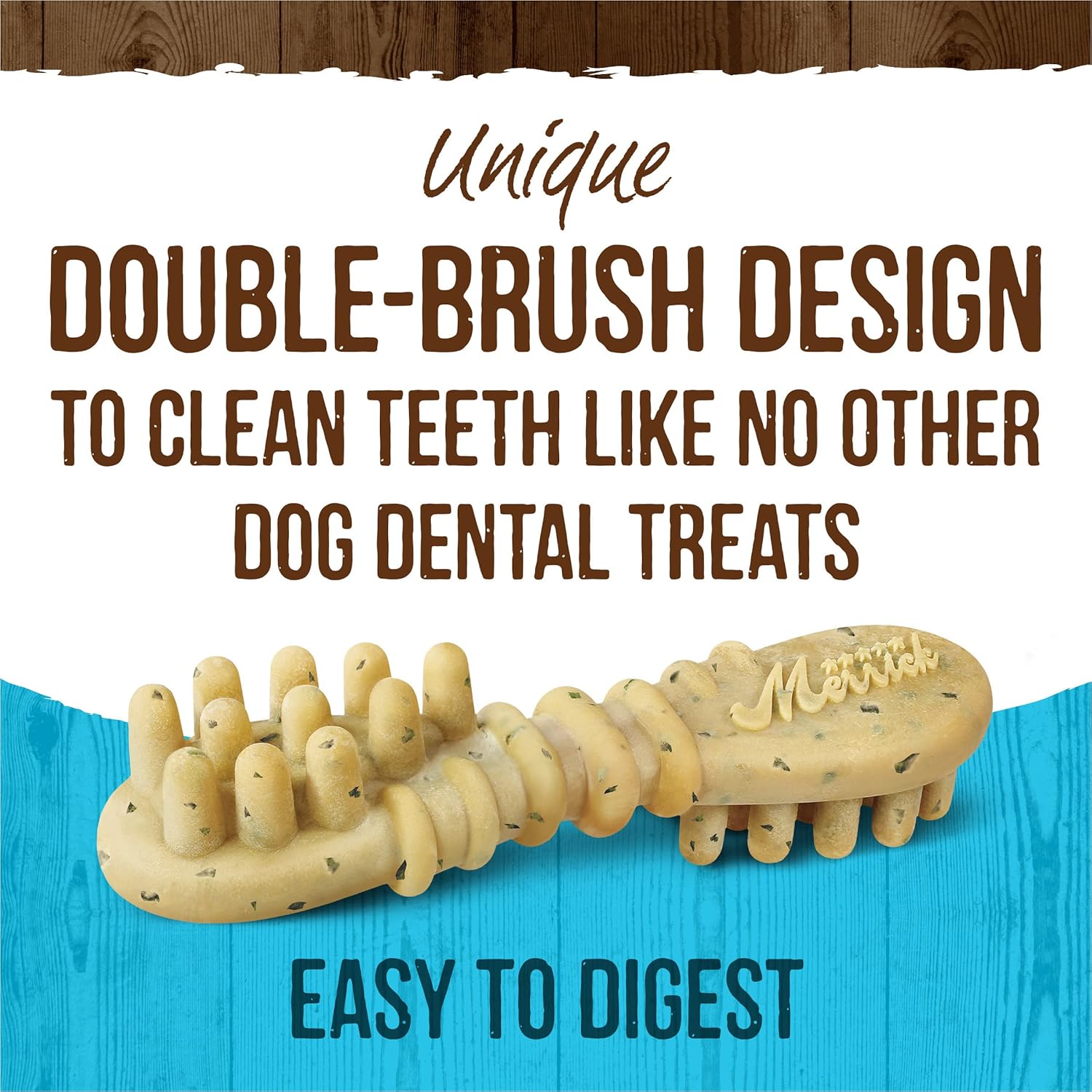 Merrick Fresh Kisses natural dental chews in toothbrush treat shape with infused ingredients for oral health and fresh breath.