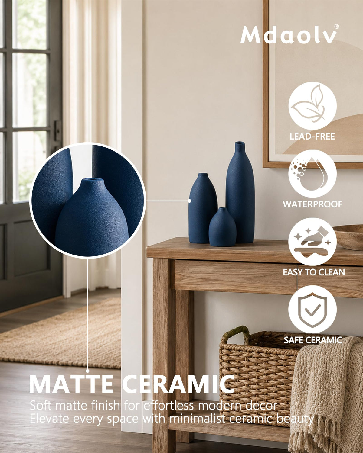 Mdaolv Matte Blue Vase Set Navy Blue Decor Coastal Decor - Mdaolv Official Imagery - 4