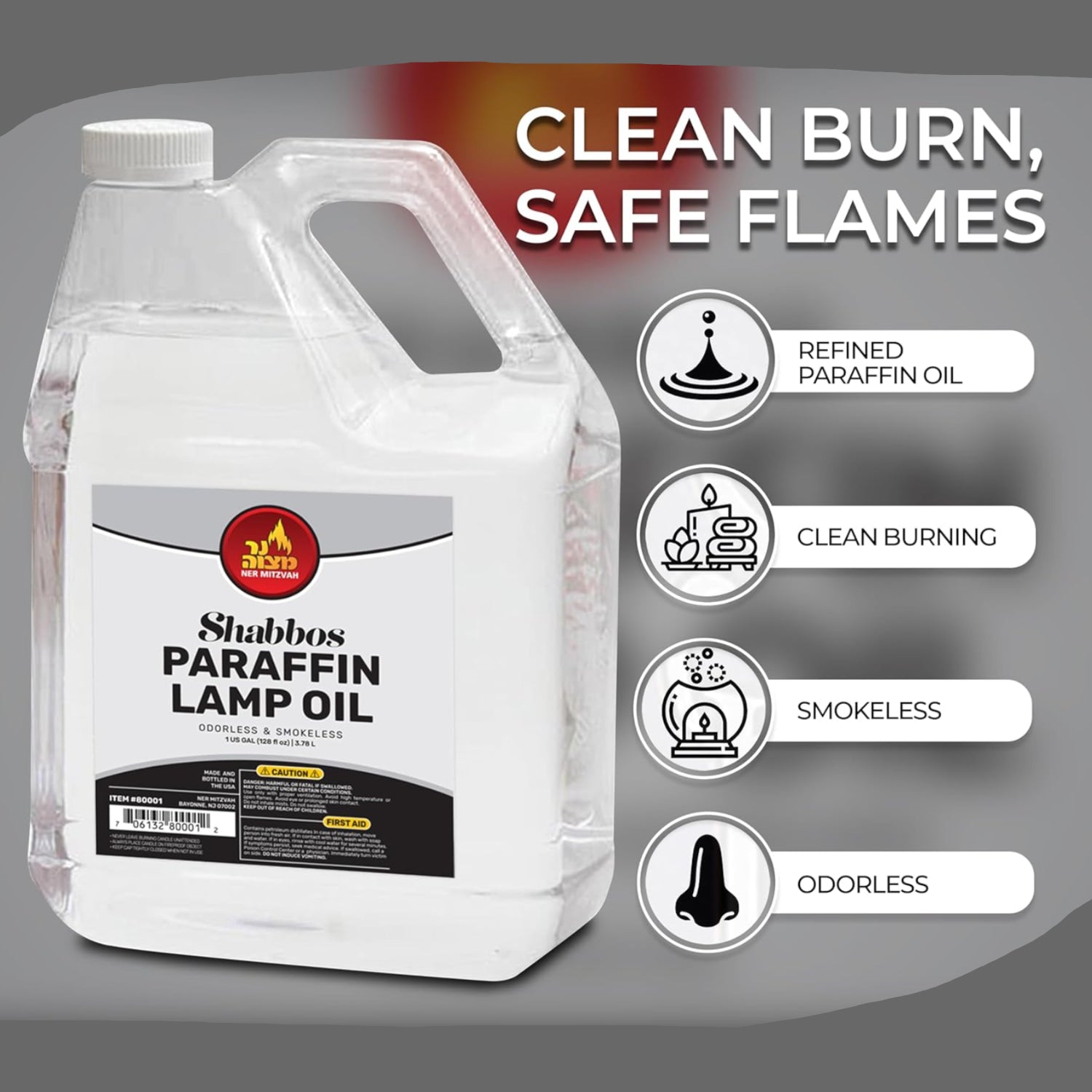 Clear 1-gallon Ner Mitzvah paraffin lamp oil in a container, smokeless, odorless, clean-burning fuel for lamps and candles.