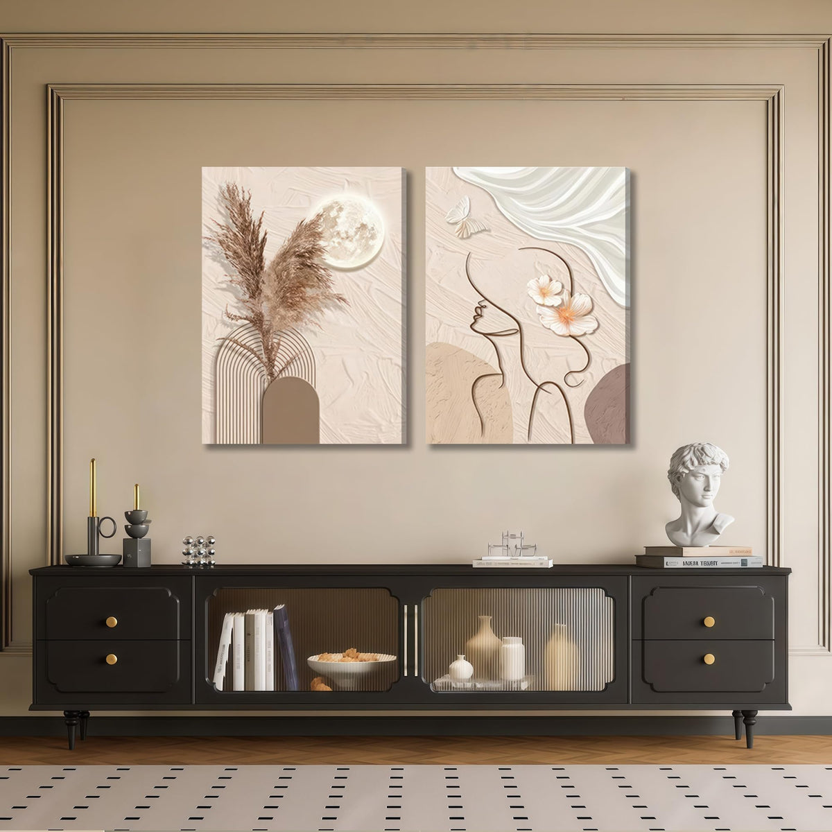 Abstract Line Woman Face with Pampas Grass Moon Canvas Wall - TJRRKYHY Official Imagery - 4