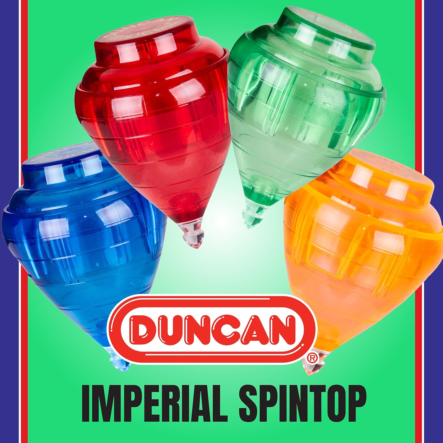 Duncan Toys Imperial Spintop in various colors, small size, spinning toy made of plastic with a pointed tip and colorful design.