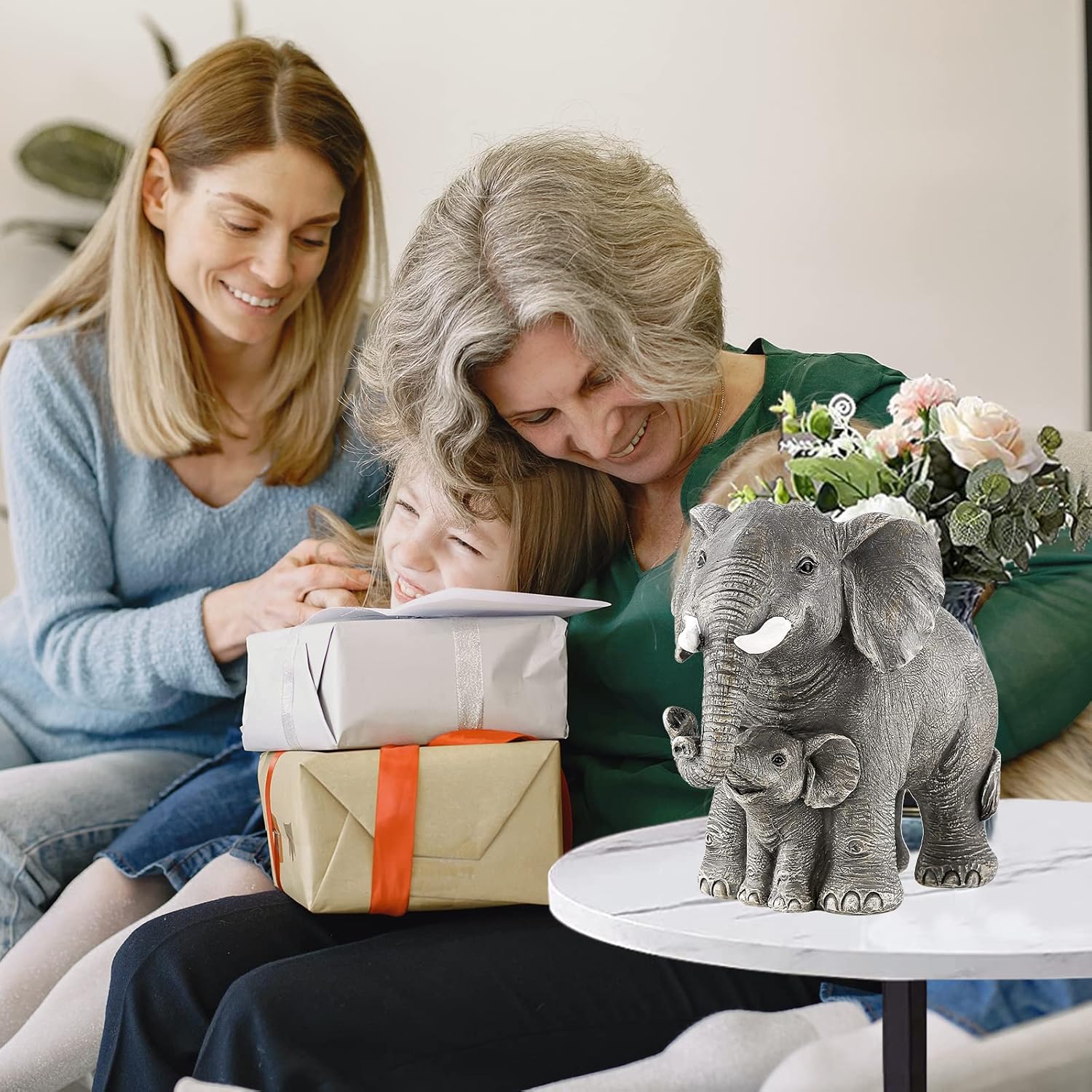 Ylncicn elephant statue decor, a detailed gray elephant figurine suitable as mom or women’s gift for home decoration.