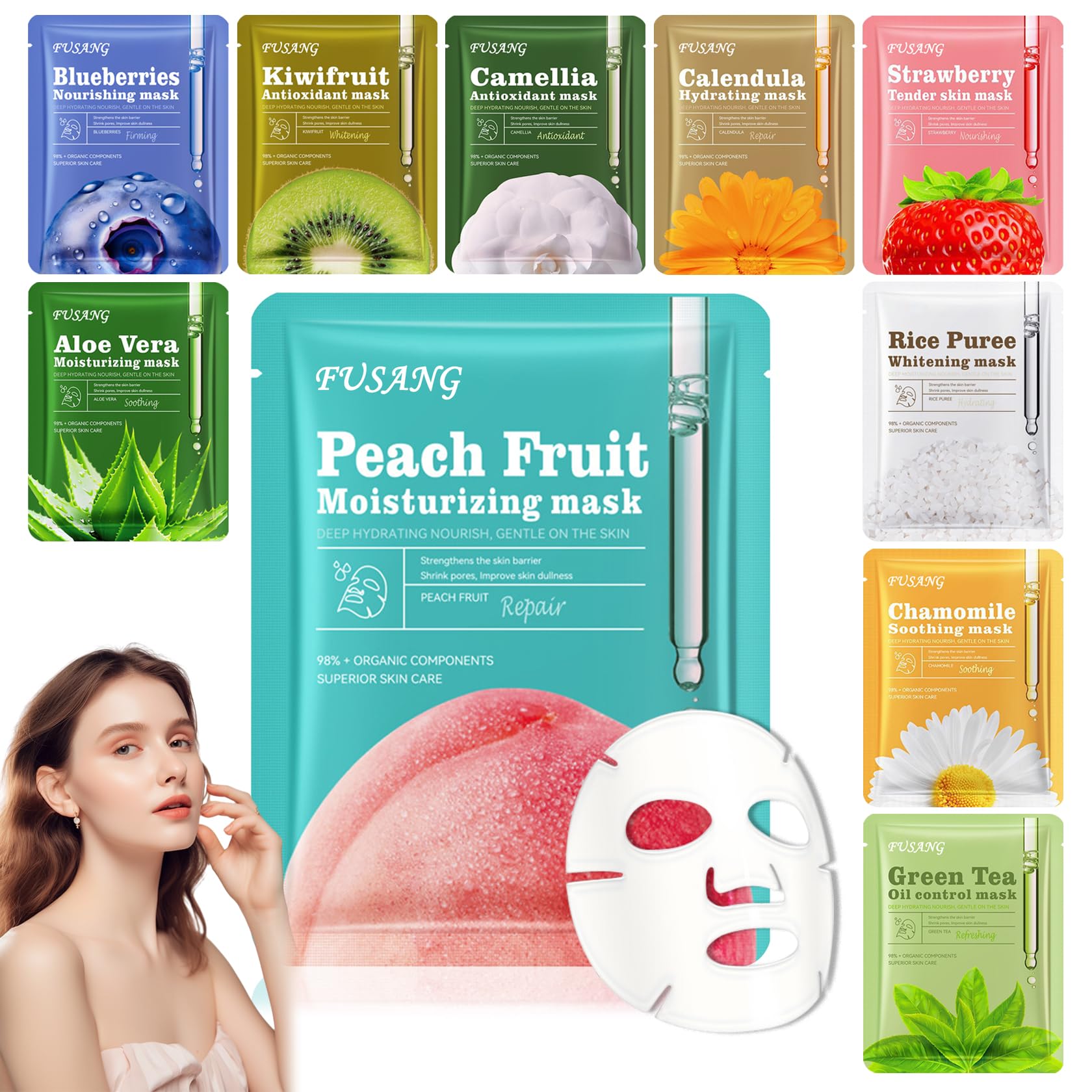 10PCS Face Sheet Mask Skin Care,Hydrating Face Sheets Masks Bulk - Product Imagery