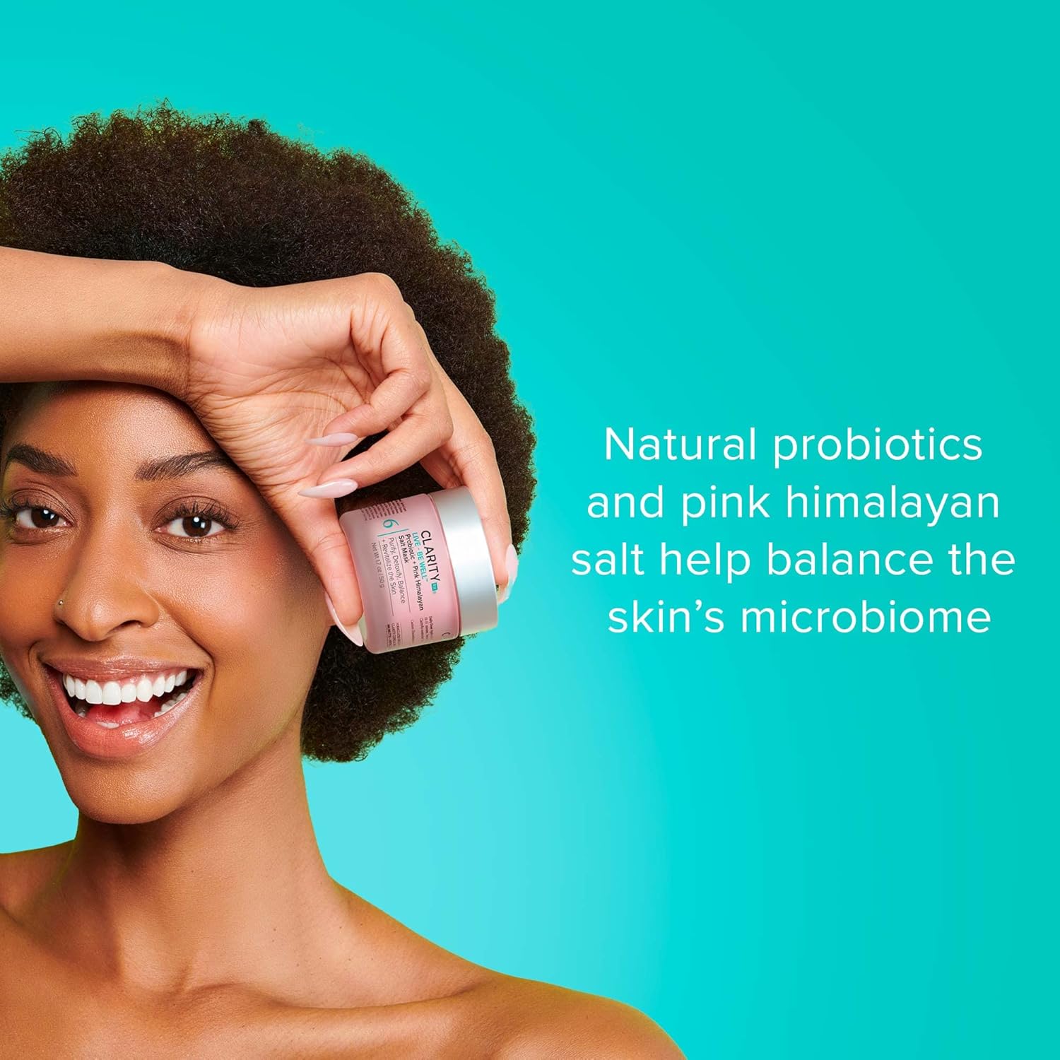 ClarityRx Live + Be Well probiotic and pink Himalayan salt face mask in a jar, showcasing the product's natural ingredients and packaging.