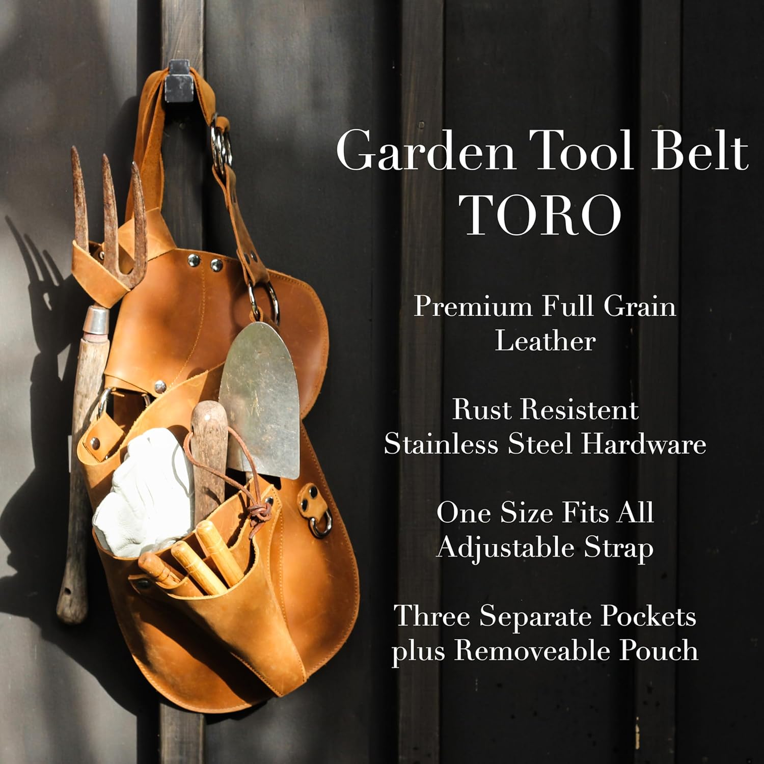 Gaucha Designs leather garden tool belt with multiple pouches for gardening tools and accessories, ideal for women gardeners.