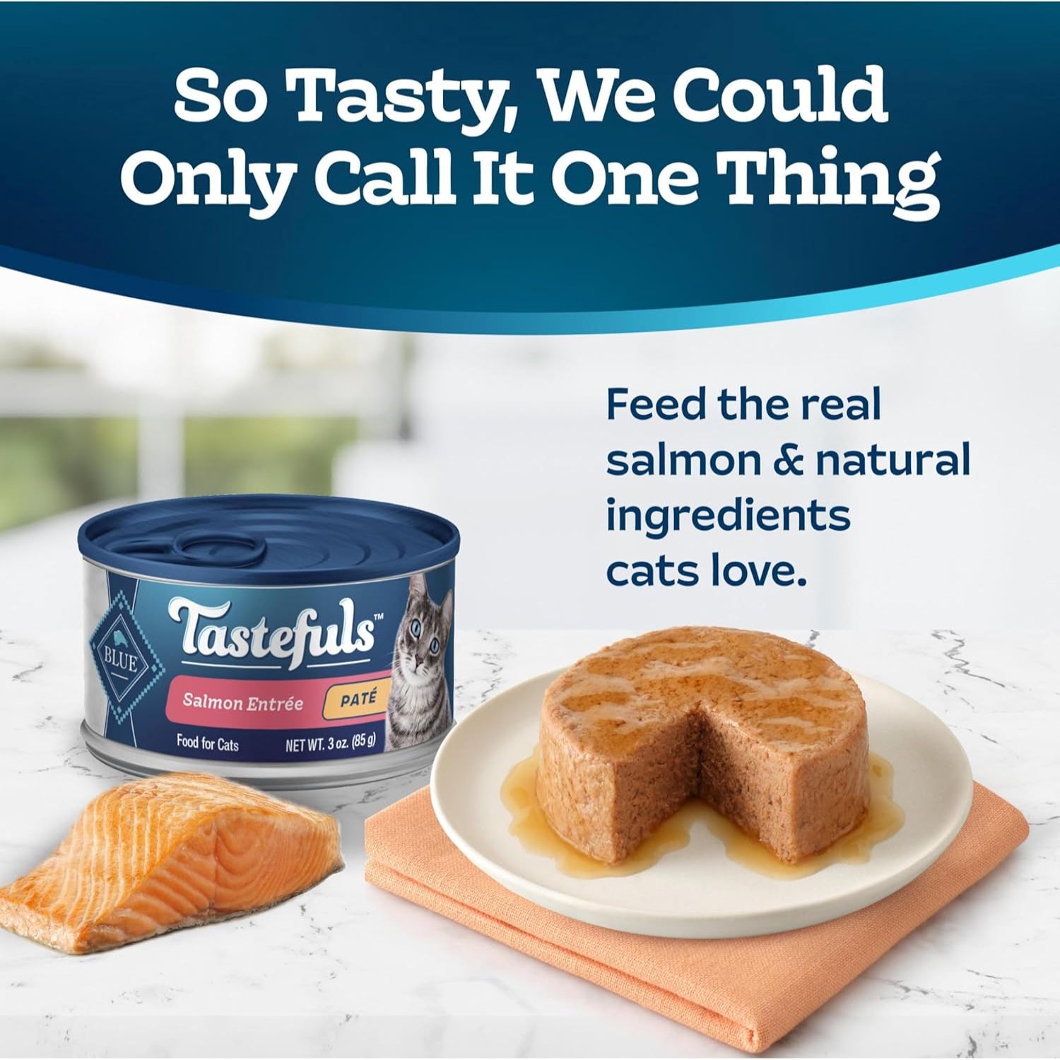 Blue Buffalo Tastefuls Wet Cat Food Paté with salmon, 3 oz cans, natural ingredients, 24-pack, featuring creamy salmon entrée.