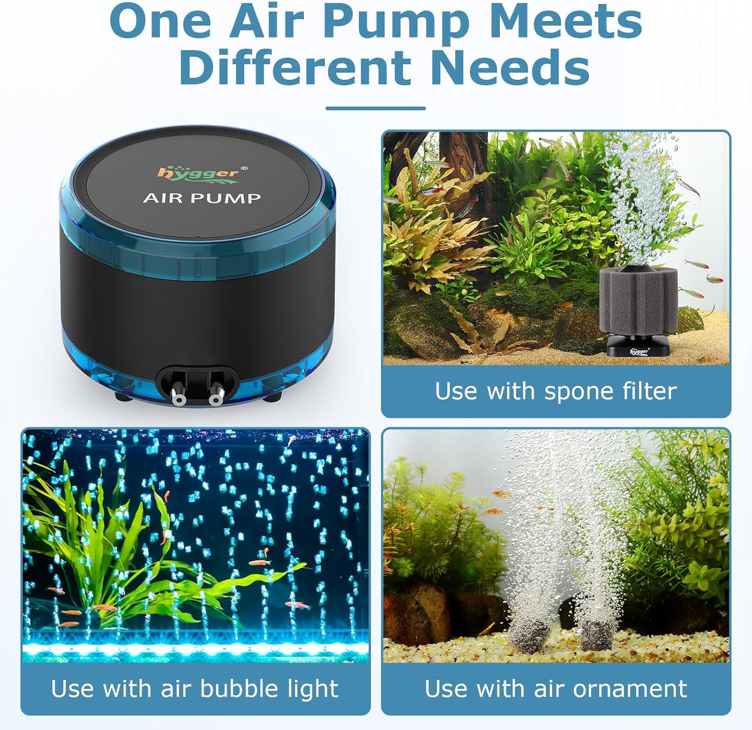 hygger aquarium air pump with dual outlets, quiet and powerful fish tank aerator, 4W/8W adjustable oxygen pump, compact design