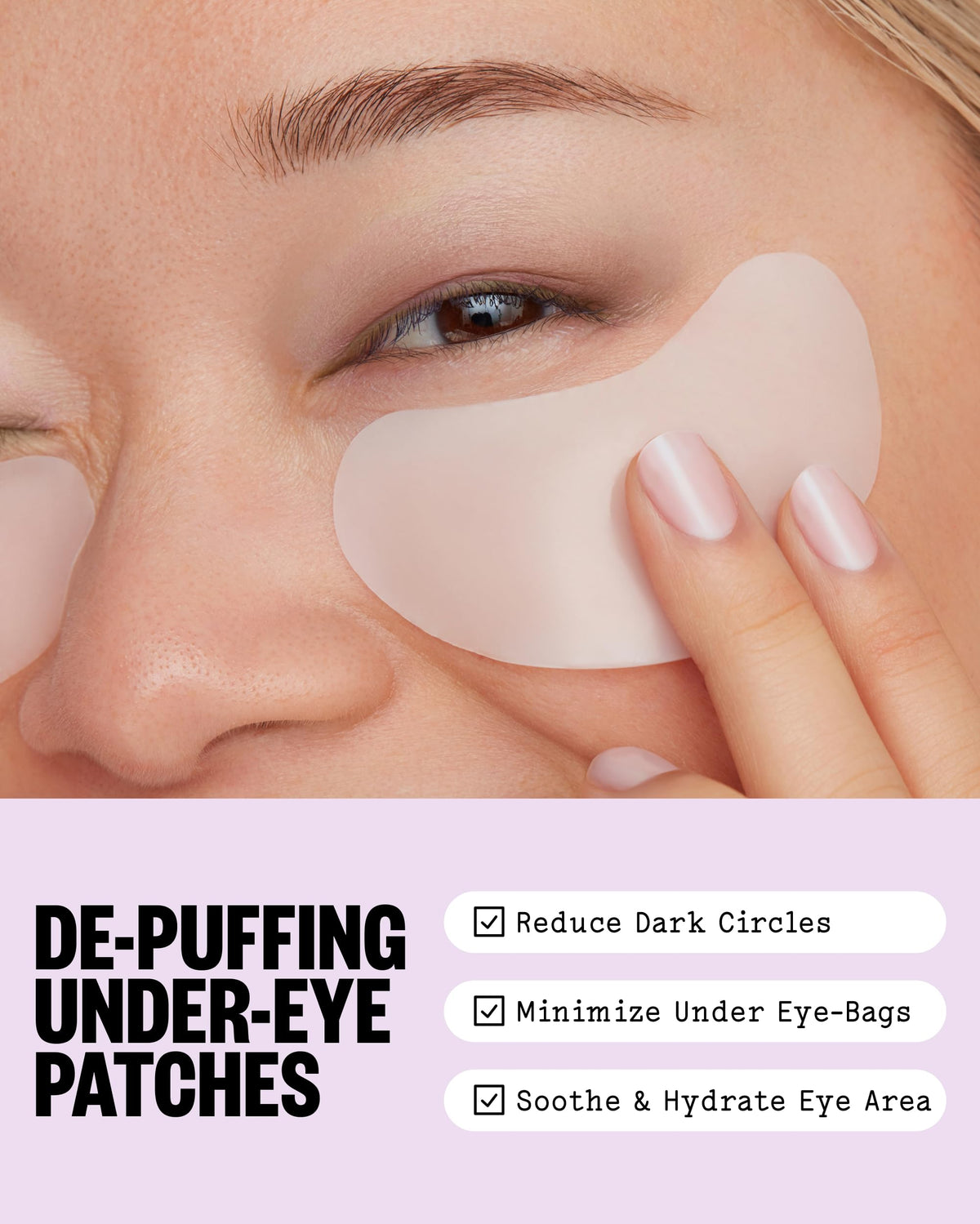 PEACE OUT Puffy Eyes Hydrating Under Eye Patches masks shown on a skincare display with soothing gel patches under the eyes.