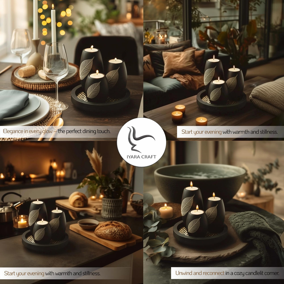 IYARA CRAFT Candle Holder Set with Tray 3 Handmade Wood - IYARA CRAFT Official Imagery - 4