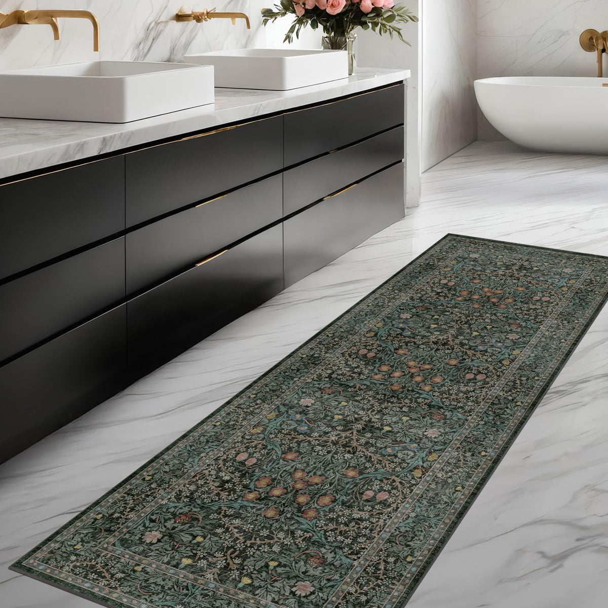 Vintage Floral Dark Green Washable Runner Rug 2x6 Non Slip - Hazo Haus Official Imagery - 4